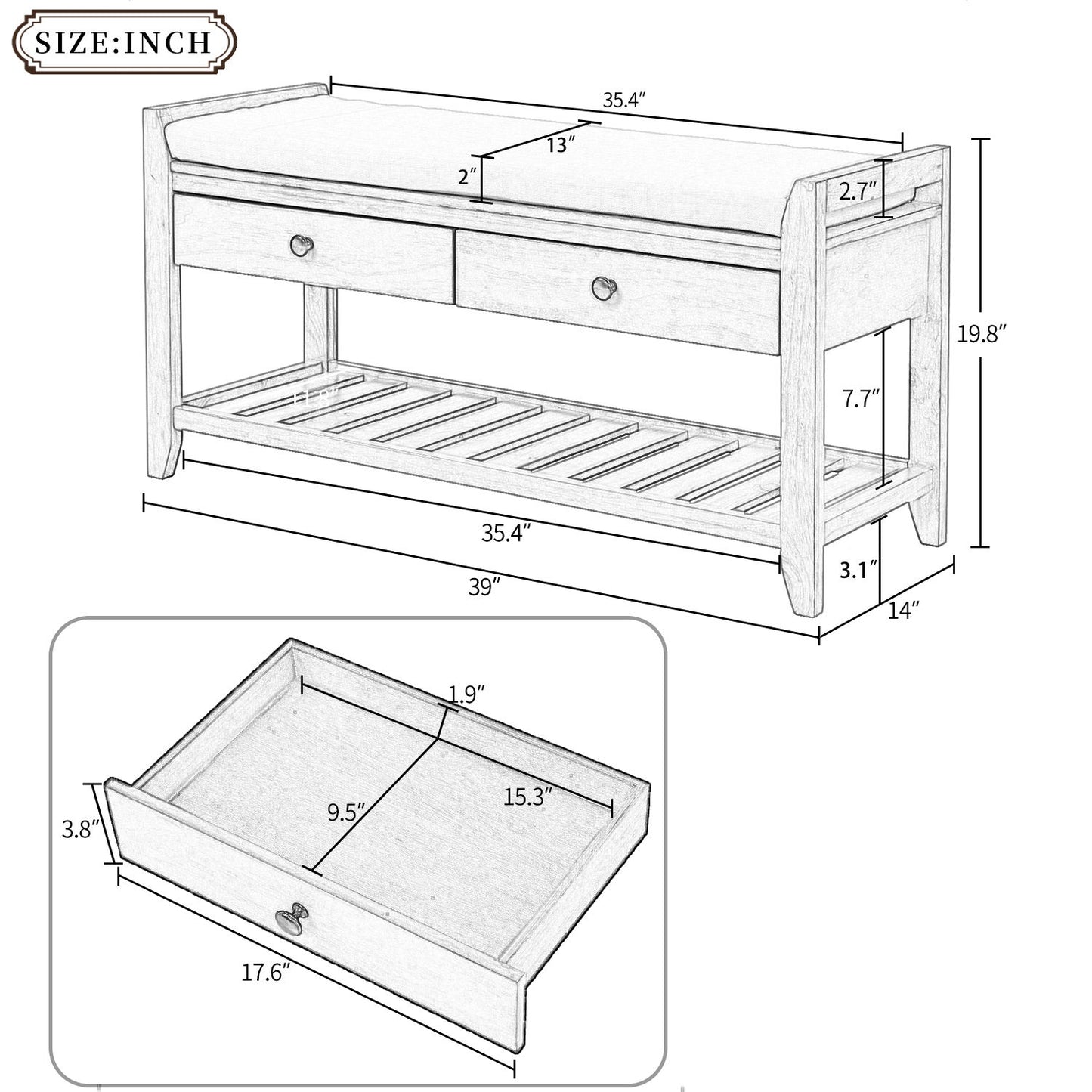 Multipurpose Entryway Storage Bench with Pine Wood Construction, Shoe Rack with Cushioned Seat and Drawers, 39" L x 14" W x 20" H, White
