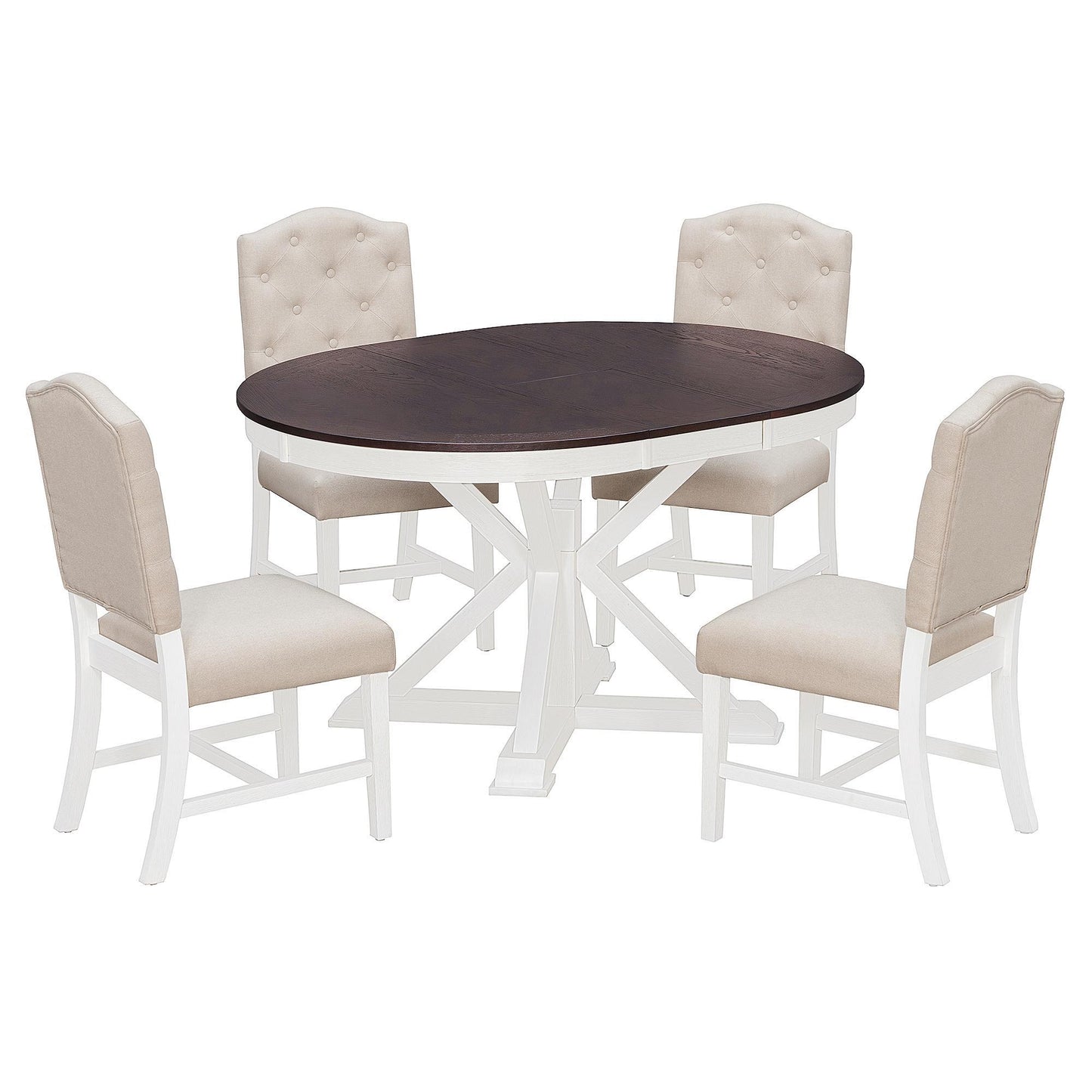 Extendable Dining Table Set with 4 Upholstered Chairs, Stylish Kitchen Table Set with Oak Veneer Top, 54" L x 42" W x 30" H, Off White+Walnut