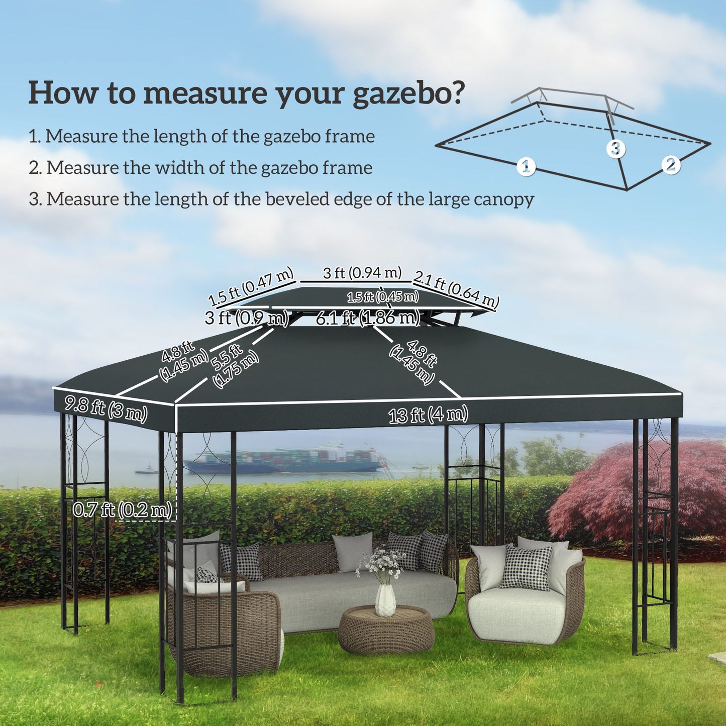 13' x 10' Gazebo Replacement Canopy 2 Tier Top UV Cover Pavilion Garden Patio Outdoor, Grey (TOP ONLY)