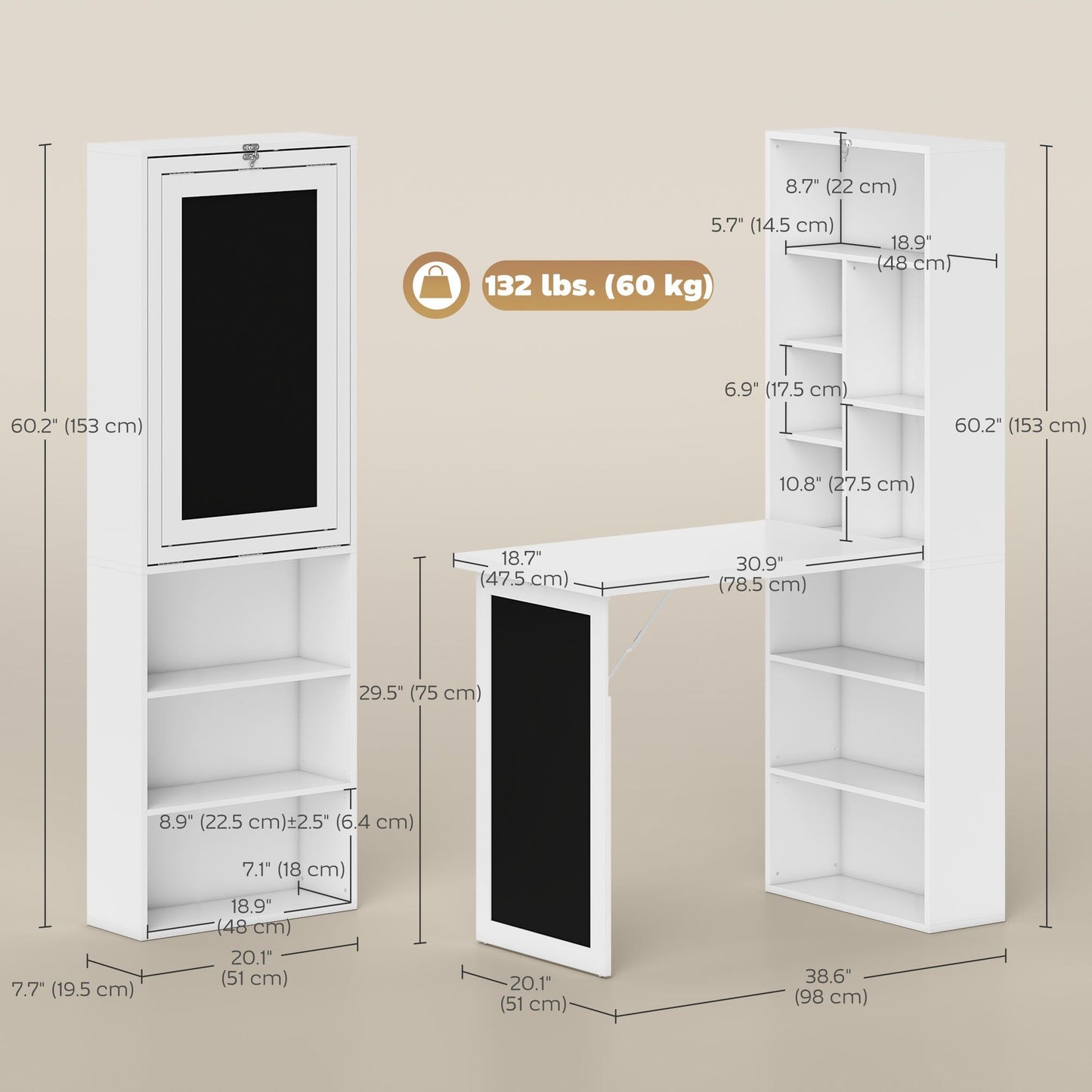Fold-Out Wall-Mount Desk with Blackboard - White
