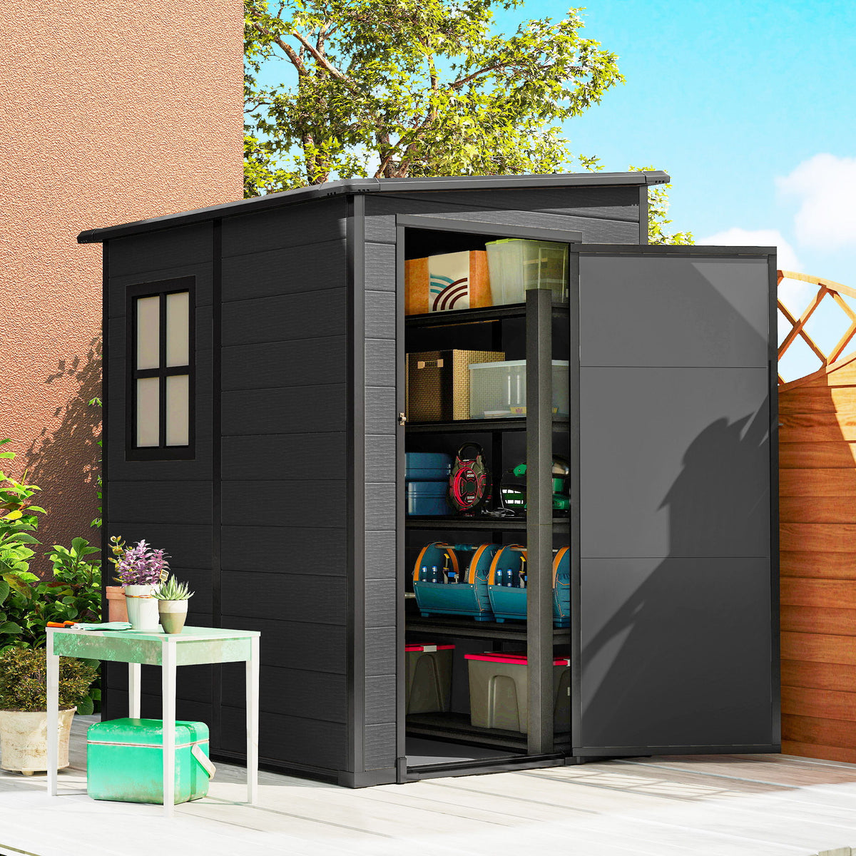 4'x5' Garden Storage Shed, Lean to Shed, Lockable Garden Tool Storage House with Window, Vent, Dark Grey