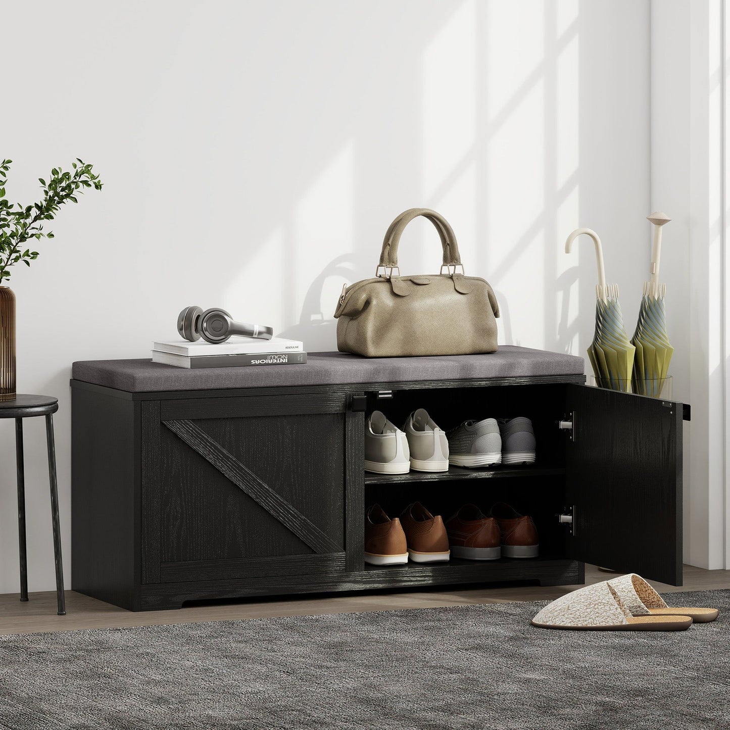 Shoe Storage Bench with Padded Seat - Black Wood Grain