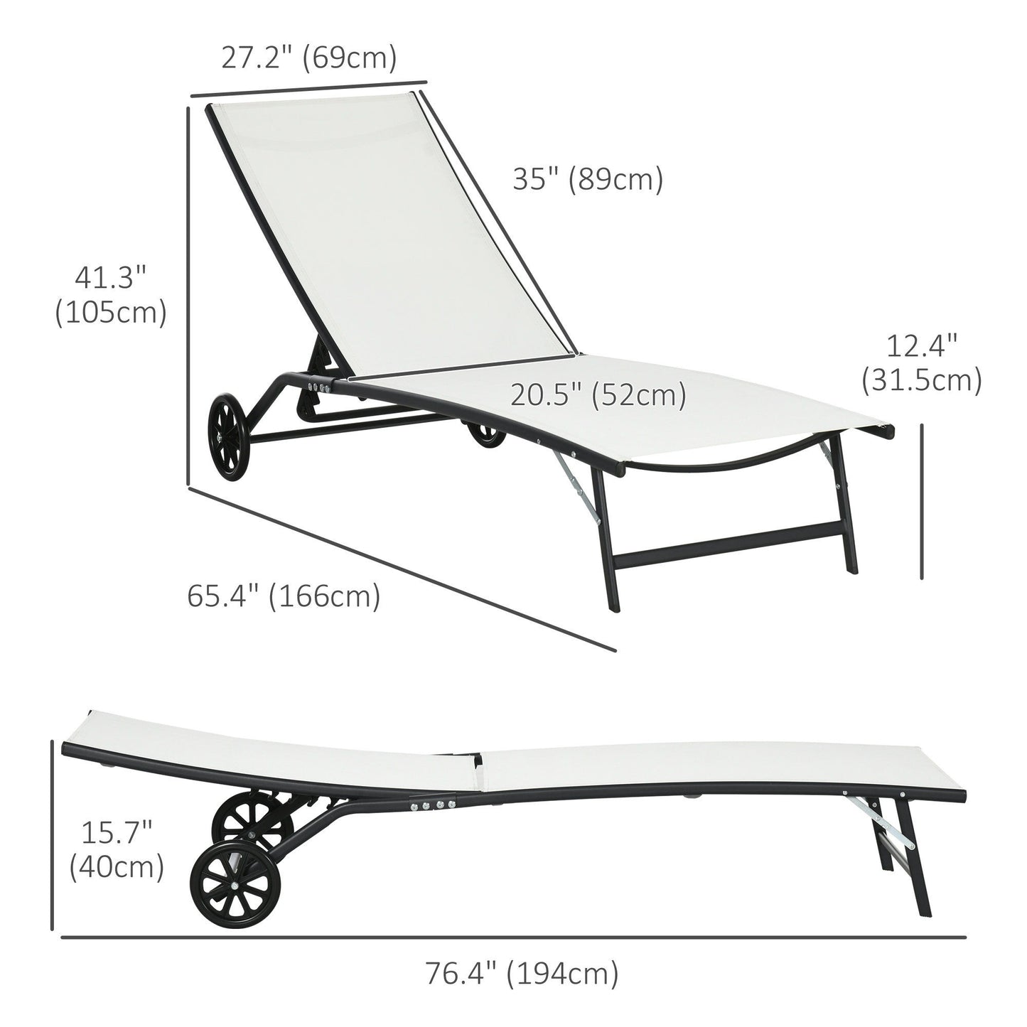 2PCs Lounge Chairs with Wheels, 5-Level Adjustable Backrest for Garden, Backyard, Patio, Deck, Poolside, White