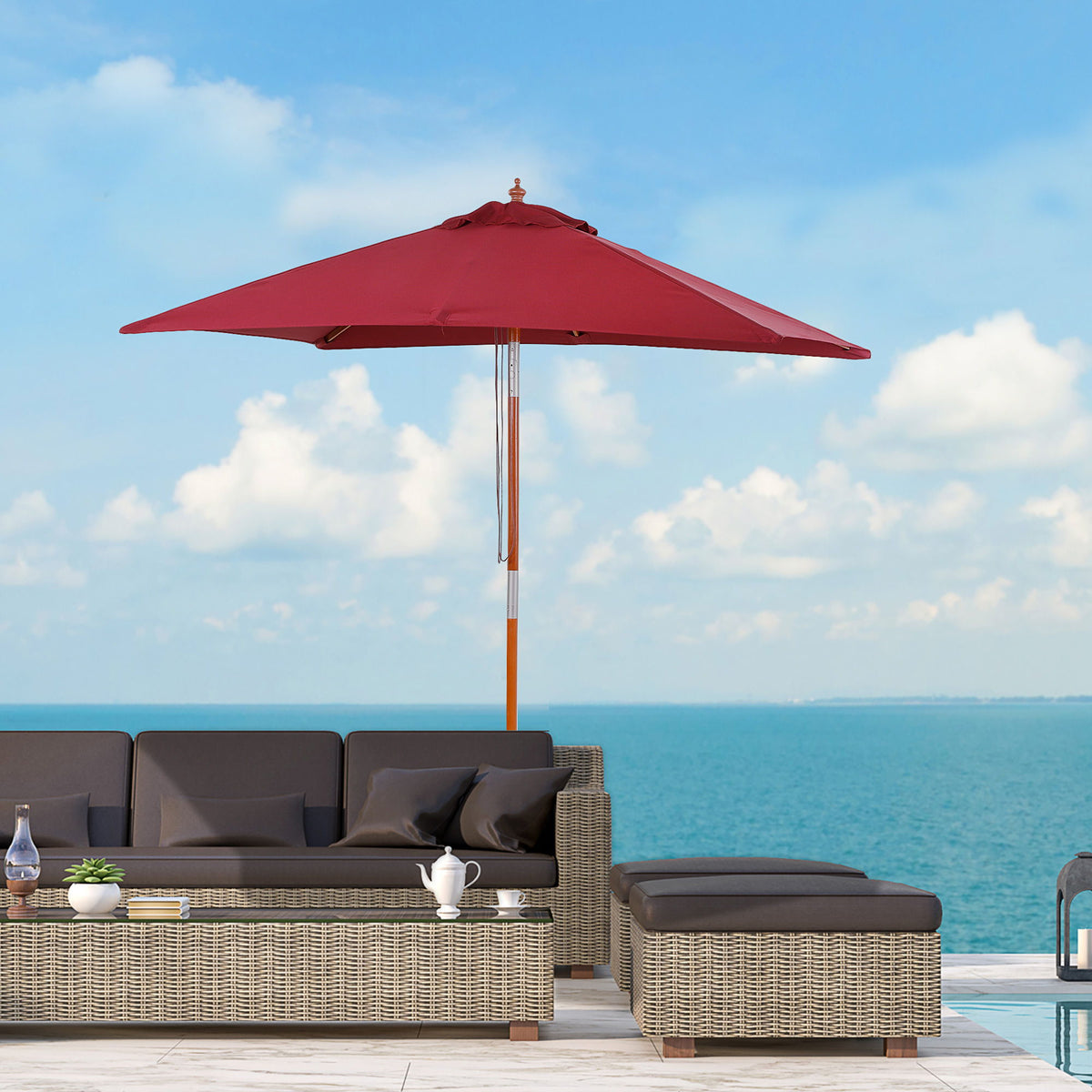 6.6x5ft Square Market Parasol, Wooden Patio Umbrella with Tilt Mechanism and 6 Bamboo Ribs, Garden Sunshade, Wine Red