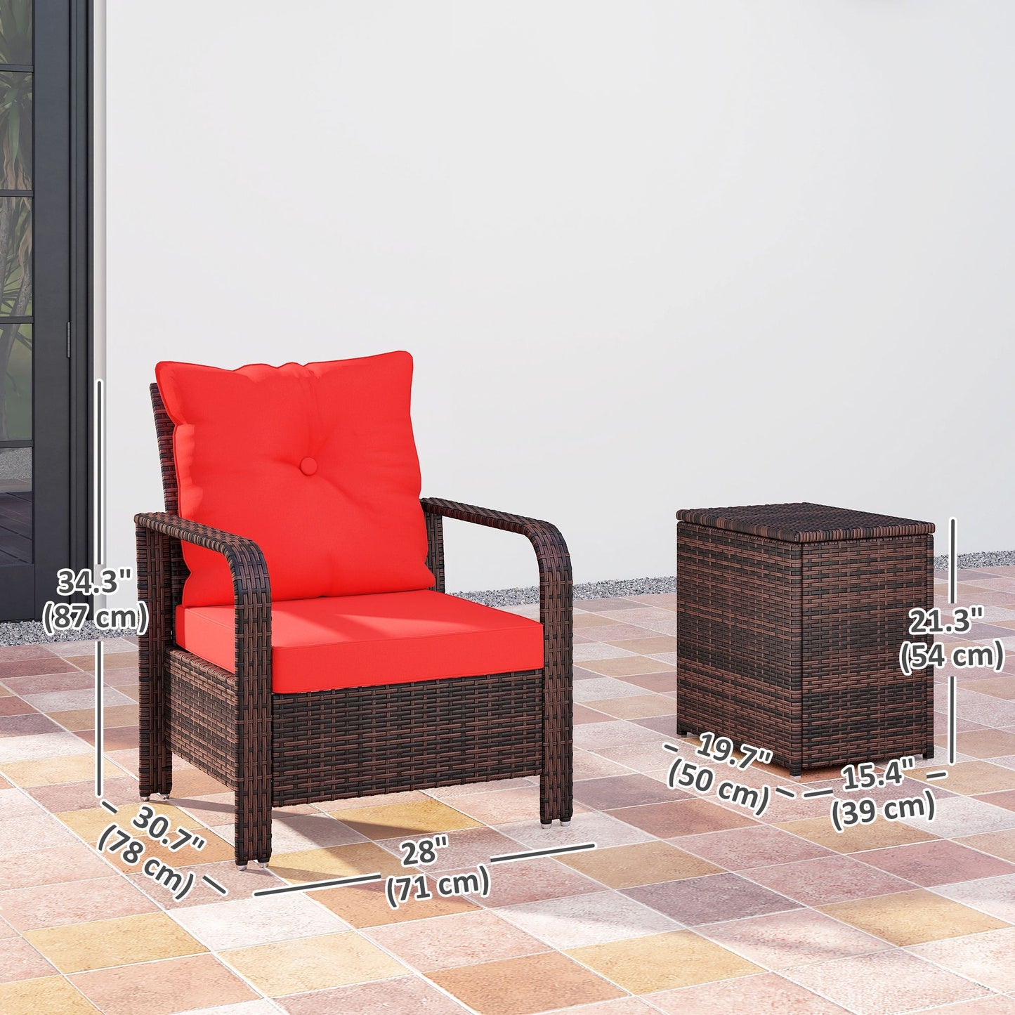 3 Pieces Wicker Patio Furniture Set, Rattan Bistro Set with Storage Coffee Table and Thickened Cushions, Outdoor Conversation Set for Garden, Porch, Balcony, Red