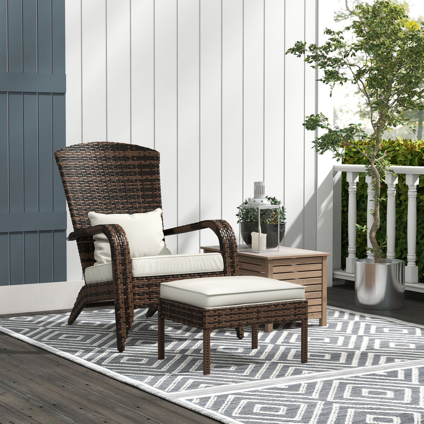 Wicker Adirondack Chair with Ottoman, Patio Cushioned Muskoka Chair with Armrests Brown/Cream White