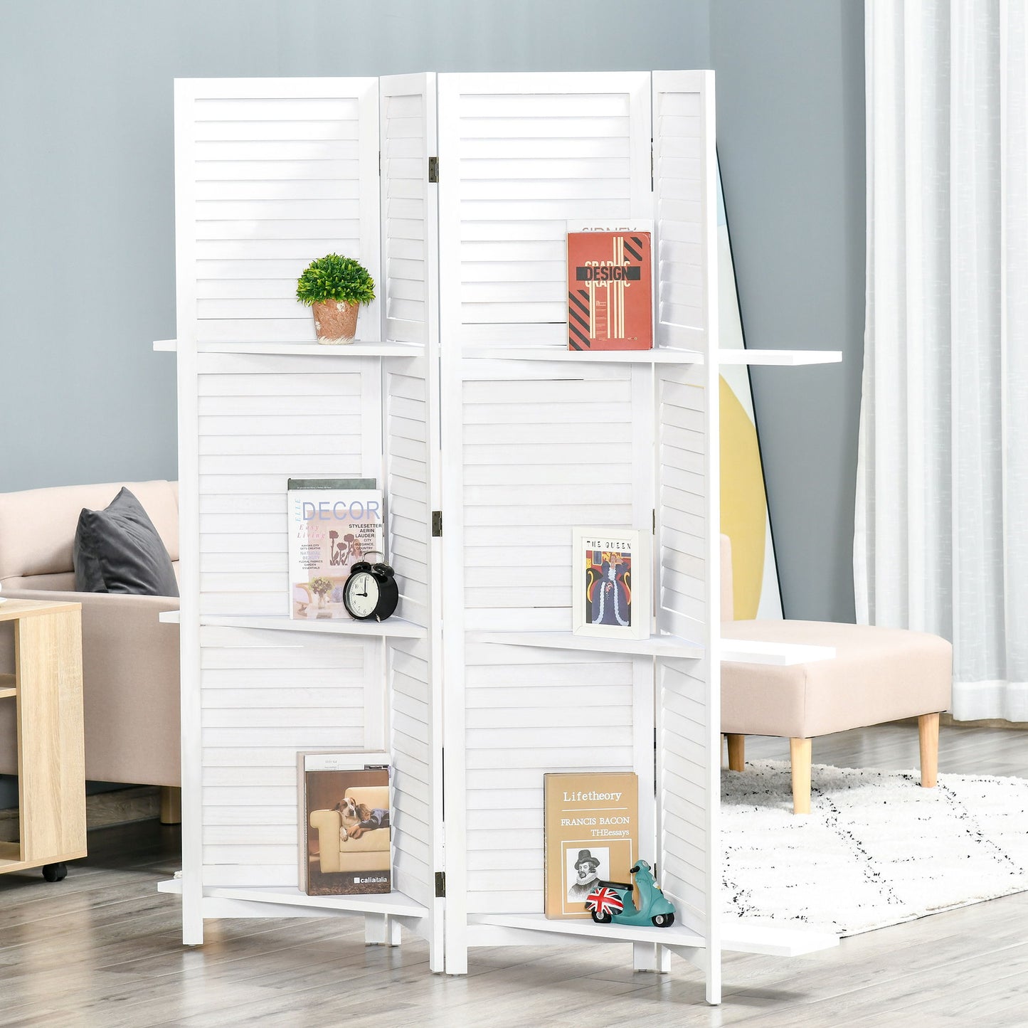 4-Panel Wall Partition Room Separator with 3 Storage Shelves Foldable Design Wooden Frame 5.6FT White