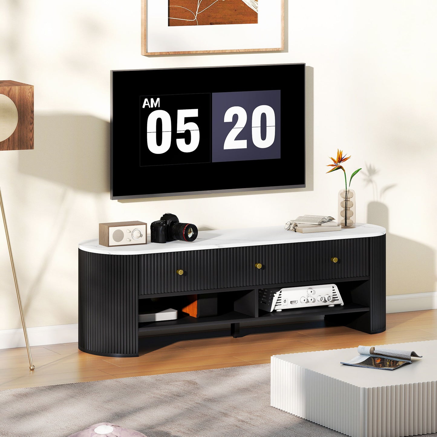TV Stand, Modern TV Table with Marble-Effect Top, 3 Drawers and 2 Open Shelves for 32-65 Inch Television, Black