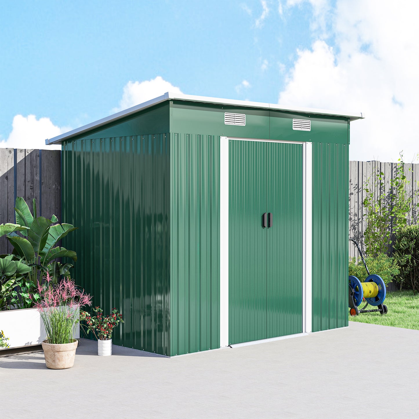 7'x 4' Metal Patio Storage Shed Garden Lockable Shed Tool Utility Storage Unit, Green