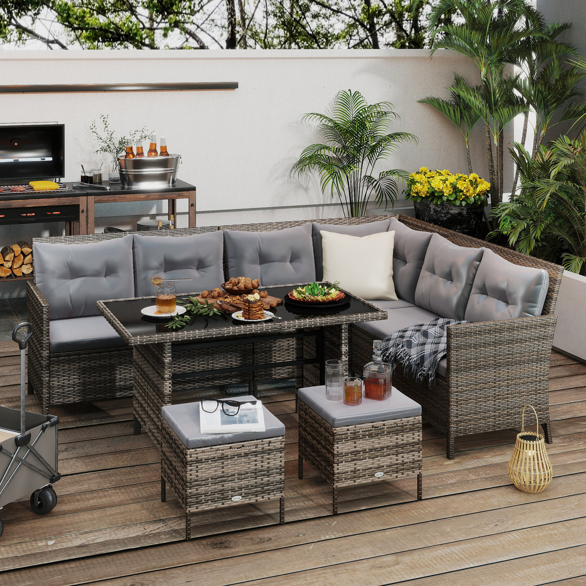 6pcs Outdoor Rattan Sofa Set Garden Wicker Sectional Couch Furniture Set with Dining Table and Chair Dark Grey