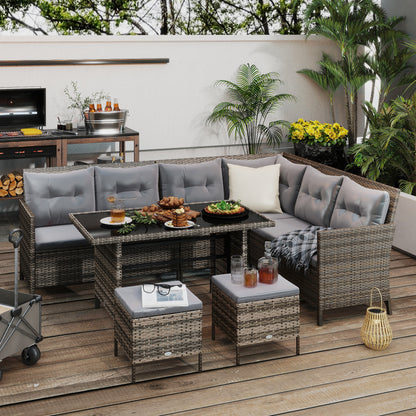 Dark Grey 6-Piece Rattan Sofa Set with Dining Table