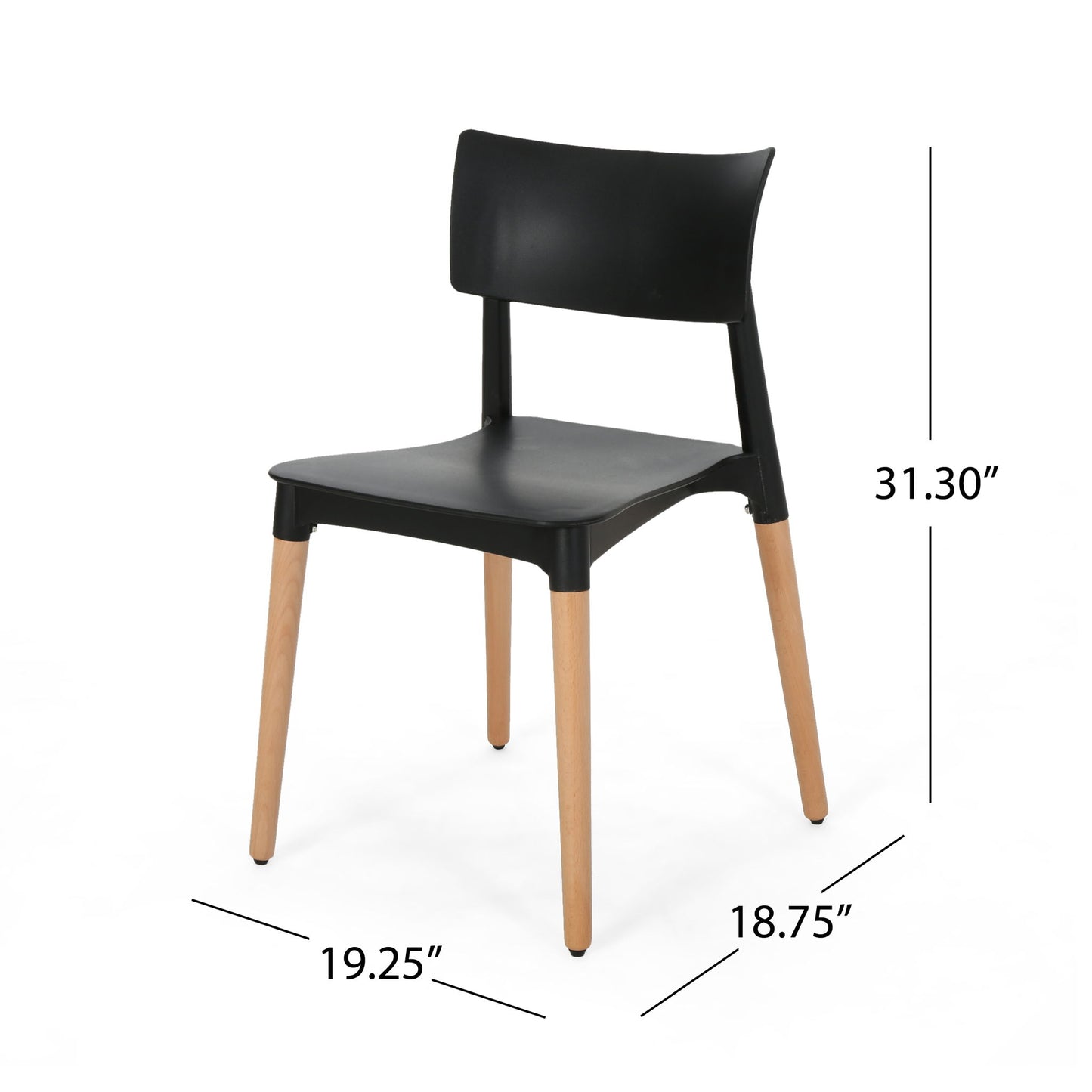 Set of 2 Durable Plastic Dining Chair with Beech Wood Legs, 19.5" L x 19" W x 31.5" H, Black