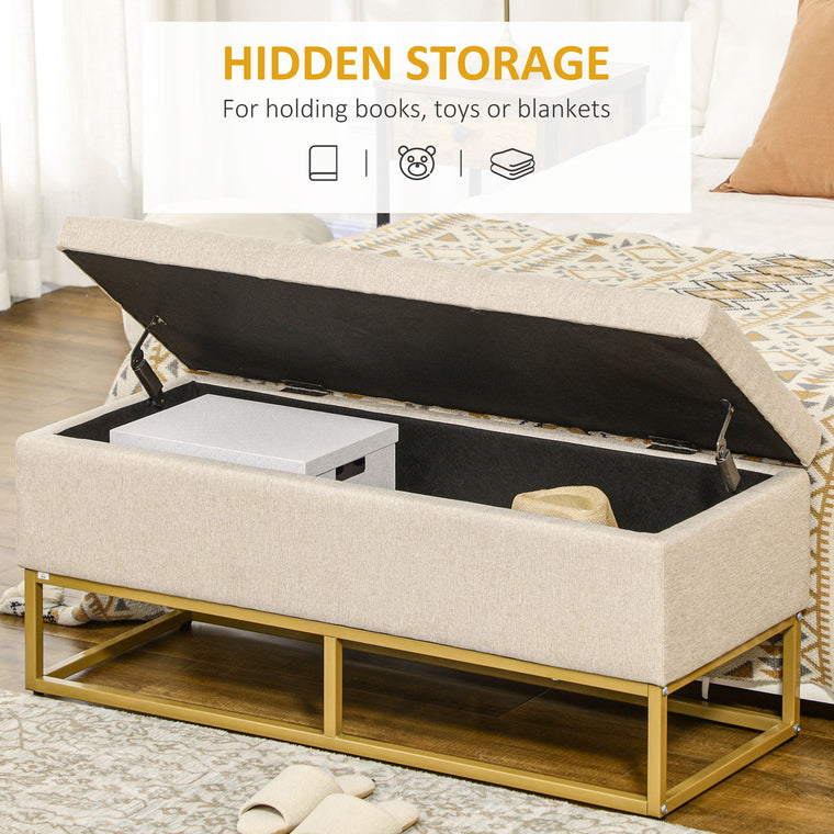 Linen Storage Bench Ottoman with Steel Legs - Beige