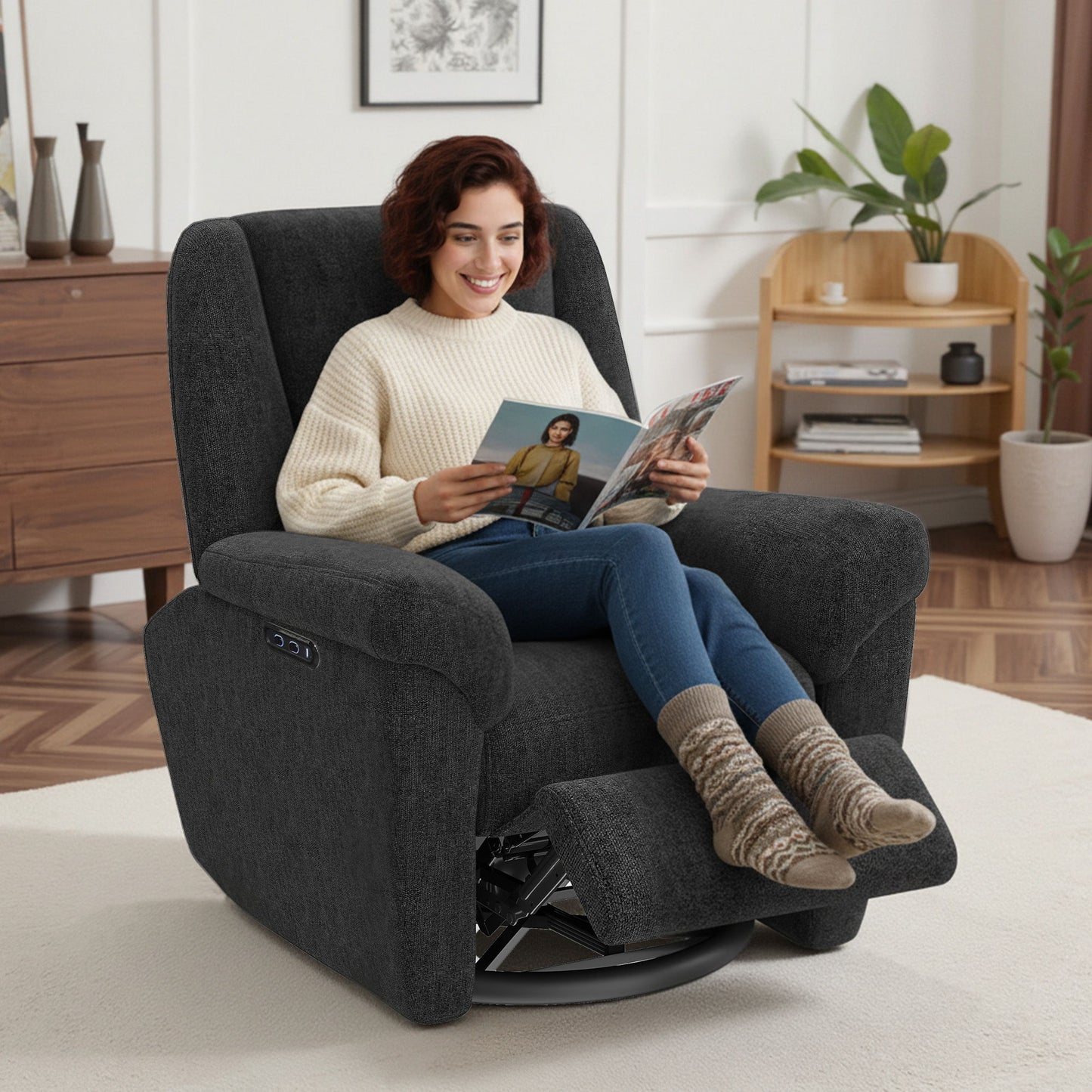 Power Recliner Chair, Fabric Upholstered Recliner Chair with USB Ports, Swivel and Rocking Function, Footrest, Black
