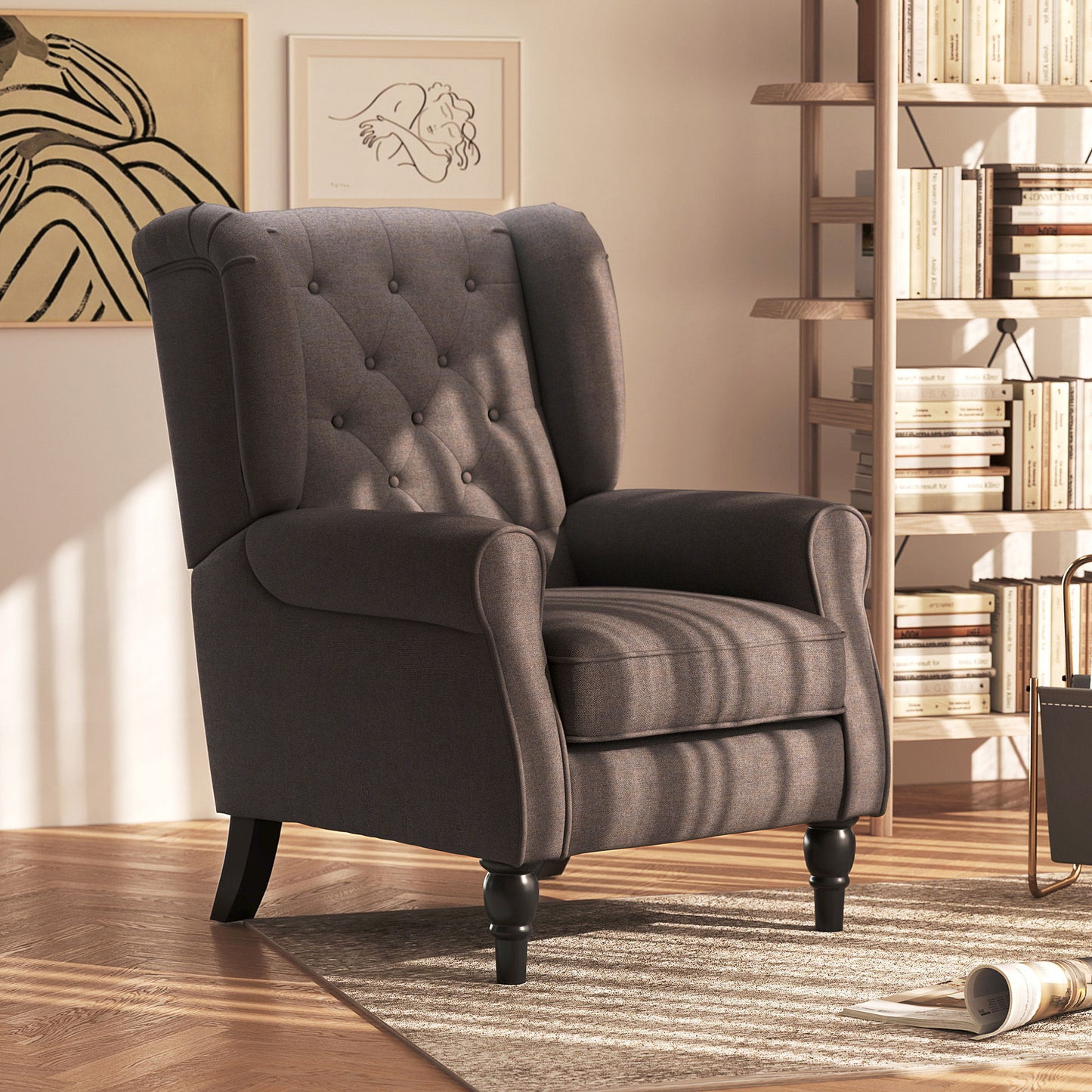 Modern Accent Chairs Button Tufted Armchair, Large Living Room Chair with Wood Legs, Rolled Arms, Thick Padding for Modern Homes, Brown
