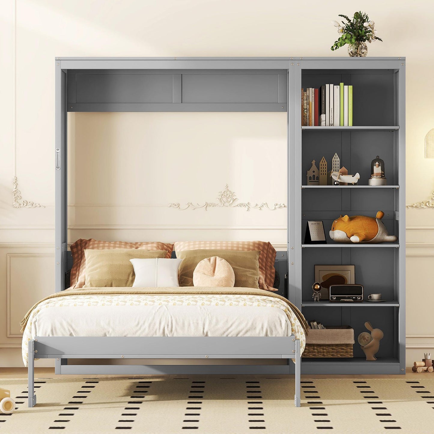 Queen Size Murphy Wall Bed with Dual Piston Mechanism and Shelves, Fold-Away Bed with Flexible Slat, 94'' L x 82'' W x 88.5'' H, Gray