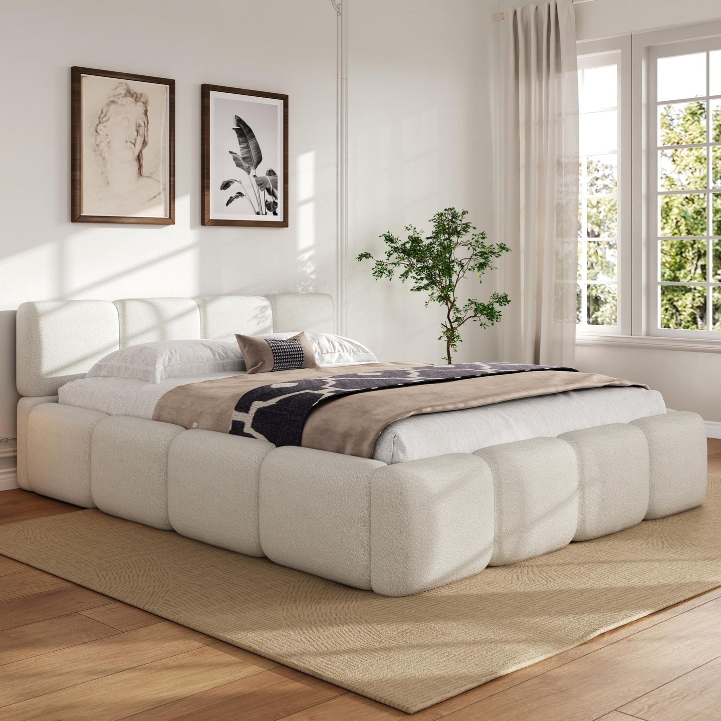 King Size Platform Bed with Padded Headboard & Footboard, Solid Bed Frame with embedded mattress-retention, 89'' L x 83.5'' W x 29.5'' H, White