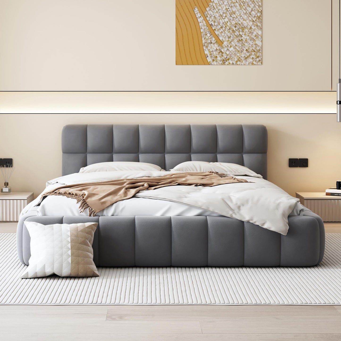 Queen Size Upholstered Bed with Grounded Solid Plywood & MDF Frame, Sturdy Bedboard with Wooden Slats, 87.5'' L x 66.5'' W x 23.5'' H, Gray