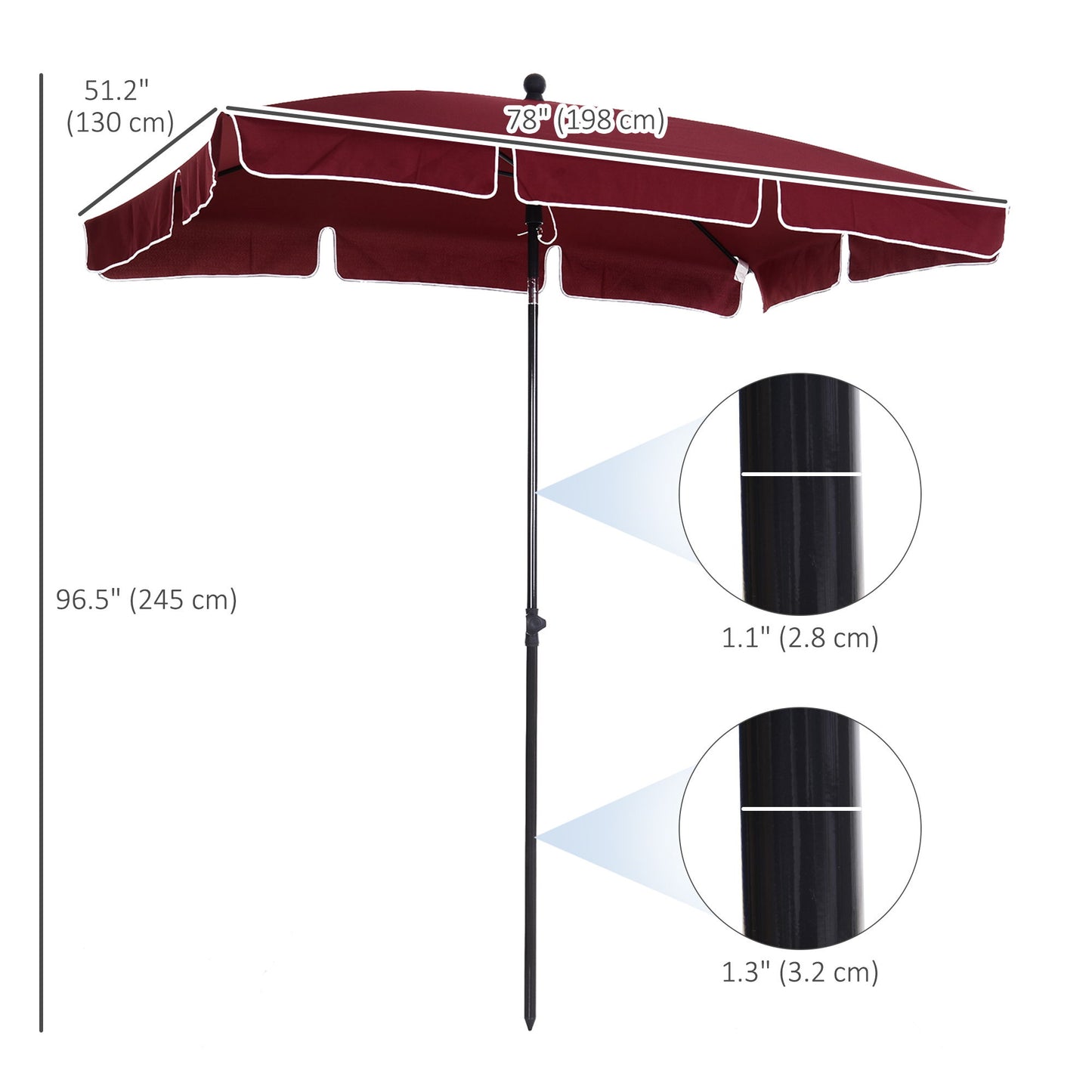 6.5x4ft Rectangle Patio Umbrella Aluminum Tilt Adjustable Garden Parasol Sun Shade Outdoor Canopy Wine Red
