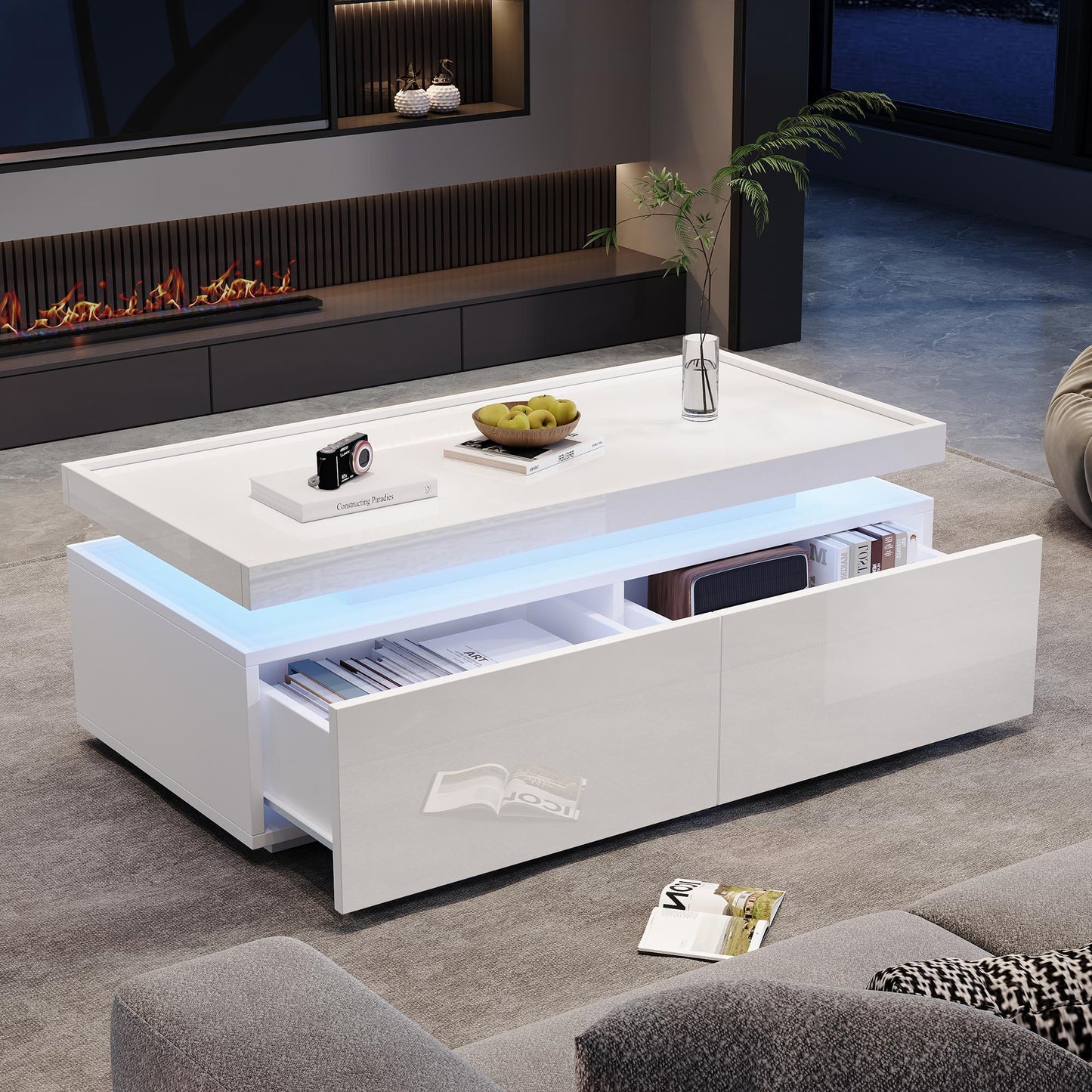 High-Gloss Coffee Table with App-Controlled LED Ambient Lighting, Functional Center Table for Living Room, 37.5" L x 17.5" W x 13.5" H, White