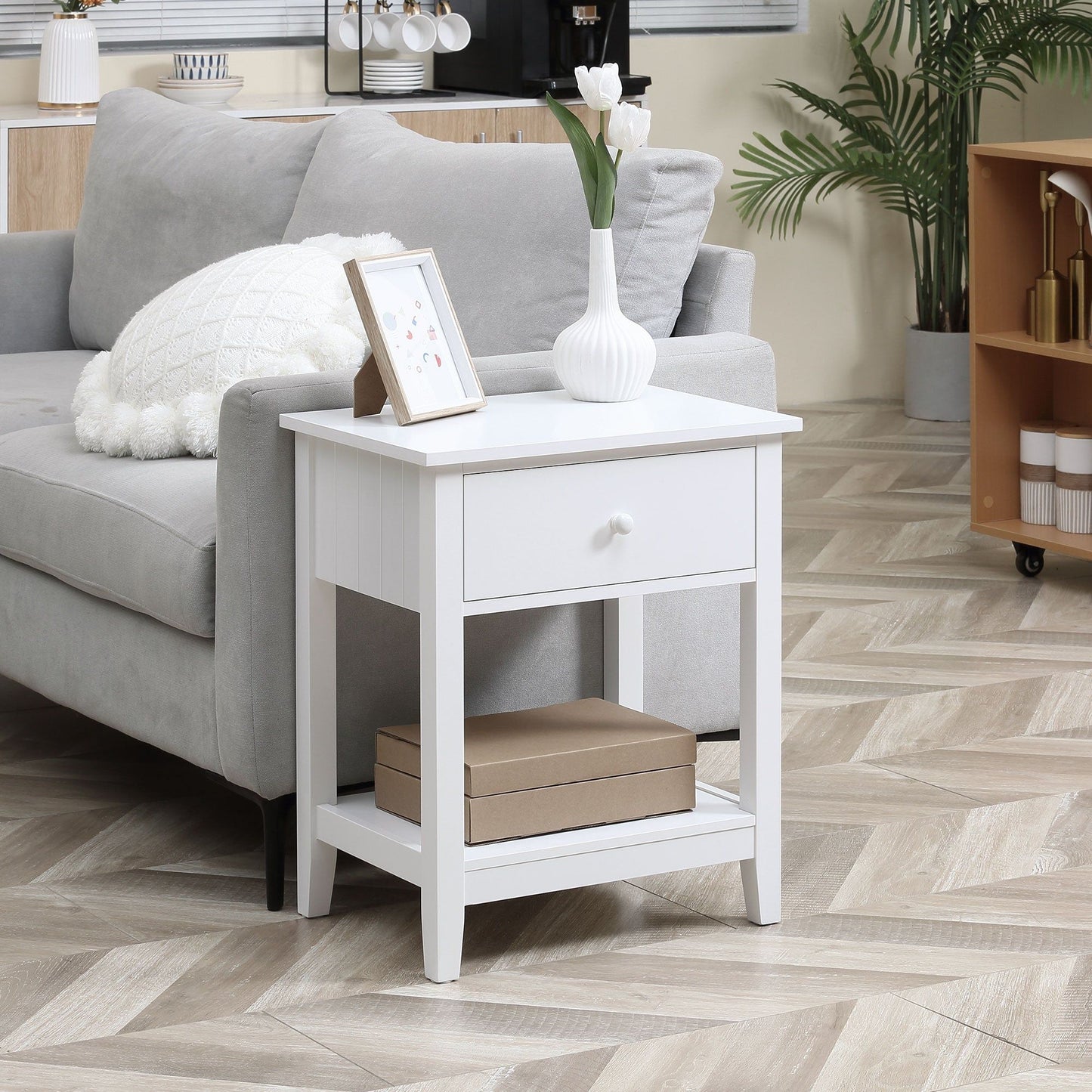 End Table with Drawer and Storage Shelf - White