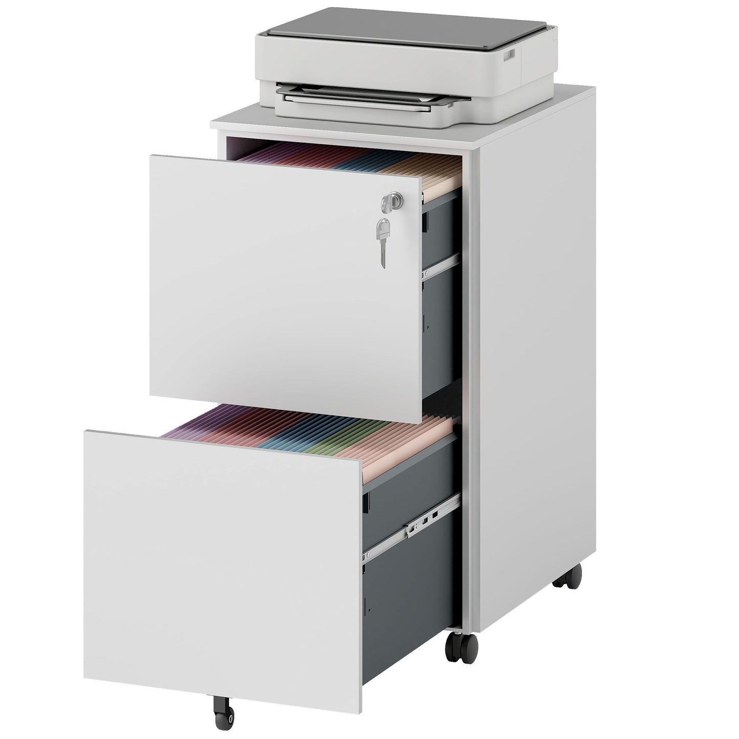 Vertical Steel Filing Cabinet on Wheels, 2-Drawer Lockable File Cabinet with Adjustable Hanging Bar for A4, Legal and Letter Size, White