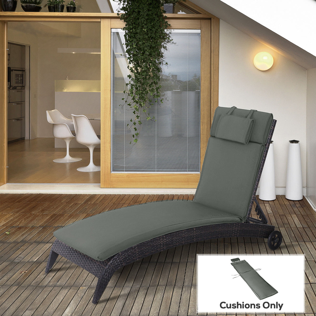 Garden Lounger Chair Cushion Replacement, Deep Seat Patio Cushions with Thick Padded, Headrest, Removable Cover, Cushion ONLY, Grey