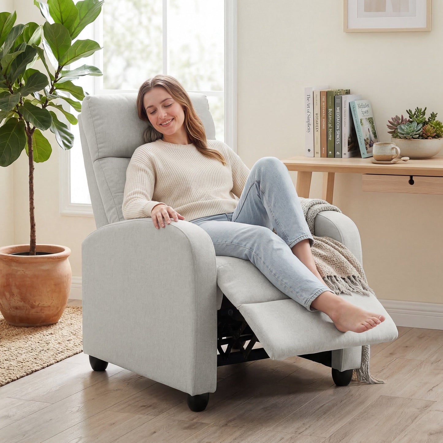 Fabric Manual Recliner Chair with Padded Seat - Cream White