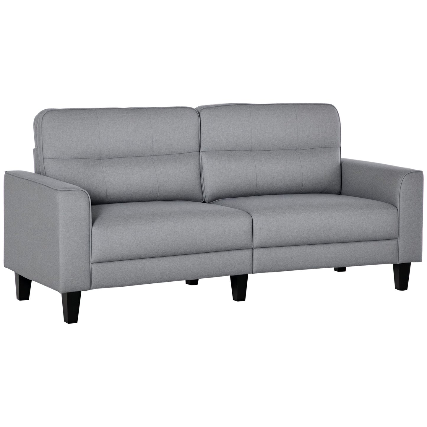 3-Seater Sofa, Mid-Century Linen Couch with Upholstered Seat, Button-Tufted Back Cushion and Rubber Wood Legs for Living Room, Bedroom, Gray