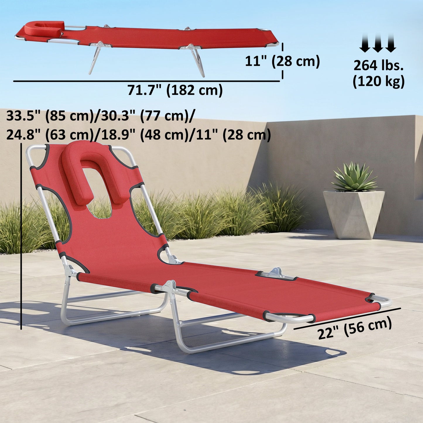 Folding Lounge Chair Outdoor, Tanning Chair with Face Hole Arm Slots, Beach Chaise Lounger with Pillow, 5-Position Adjustable Portable Sun Lounger Bed for Pool, Red