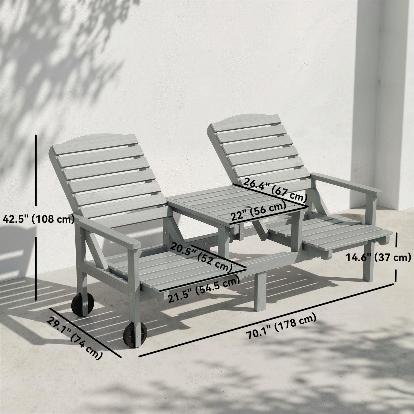 Outdoor Bench with Wheels and 3-Position Adjustable High Back, 2 Seater Outdoor Loveseat with Umbrella Hole, Grey