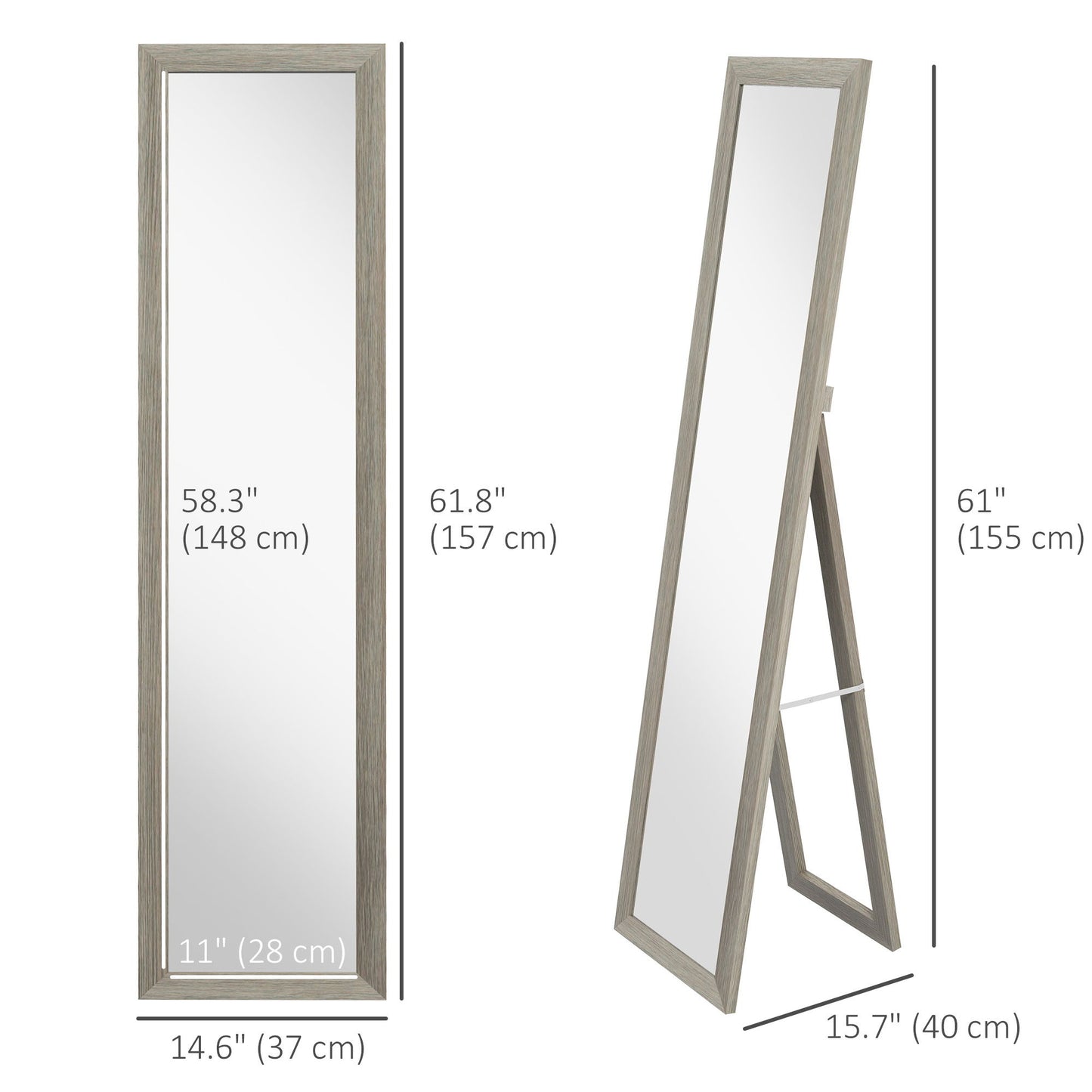 15" x 62" Full Length Mirror for Bedroom, Free Standing Dressing Mirror, Wall Mirror for Living Room, Grey