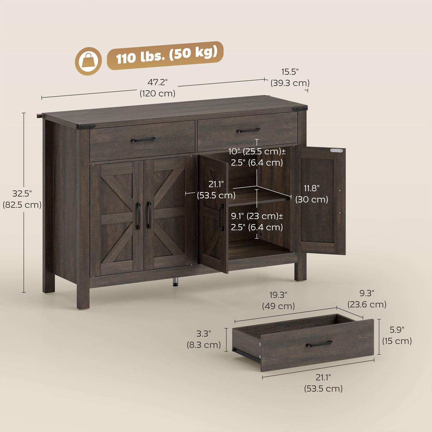 Sideboard Buffet Cabinet, Farmhouse Kitchen Storage Cabinet w/ 2 Drawers and Shelves for Living Room, Entryway