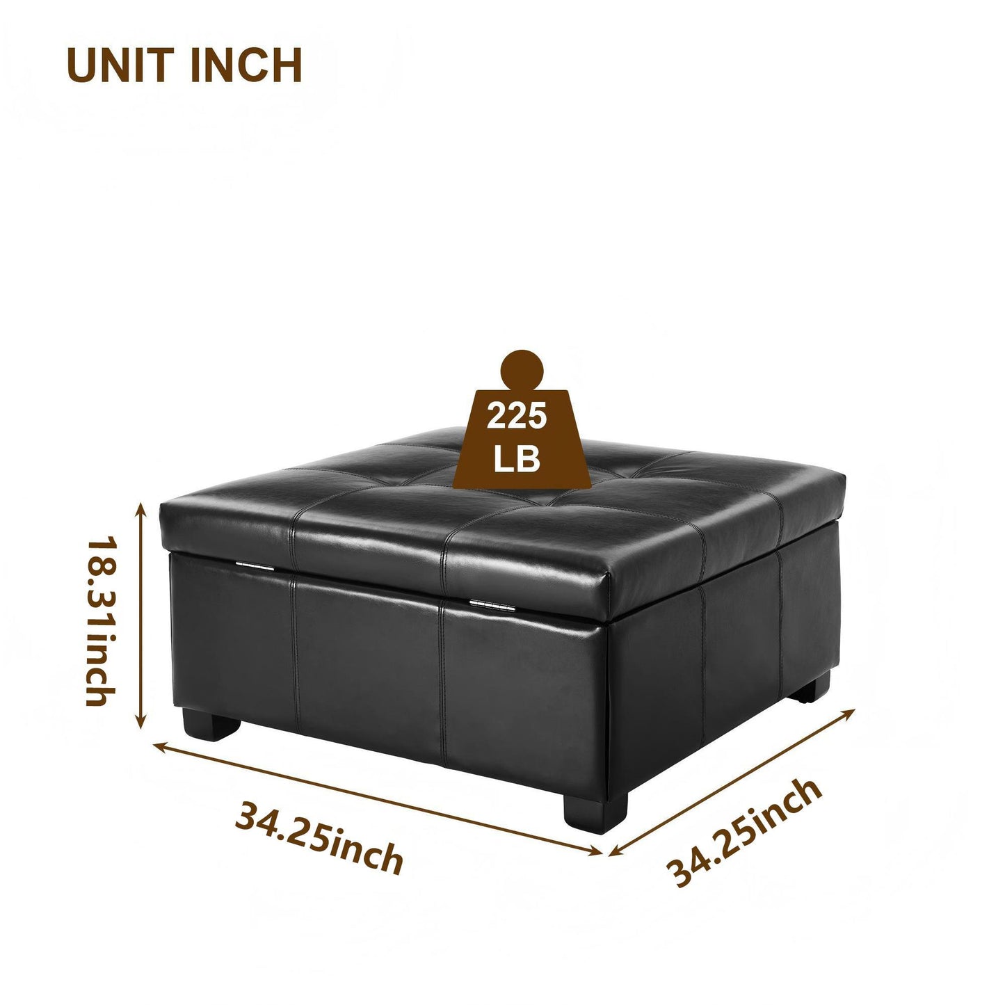 Large Ottoman with Upholstered PU Leather and High‑Density Foam, Modern Coffee Table with Storage, 34'' L x 34'' W x 18.5'' H, Chocolate