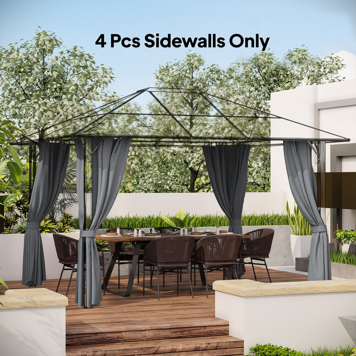 Gazebo Curtains, 10' x 12' Universal Replacement Privacy Curtain, 4-Panels Sidewall with Hooks/C-Rings, Dark Grey