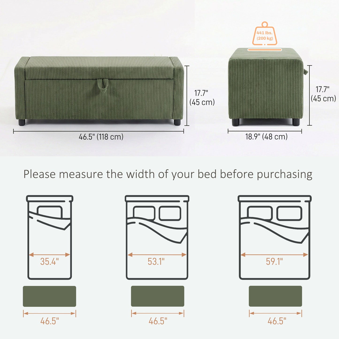 Storage Ottoman, Upholstered Corduroy End of Bed Bench with Thick Padding, Storage Bench for Bedroom, Dark Green