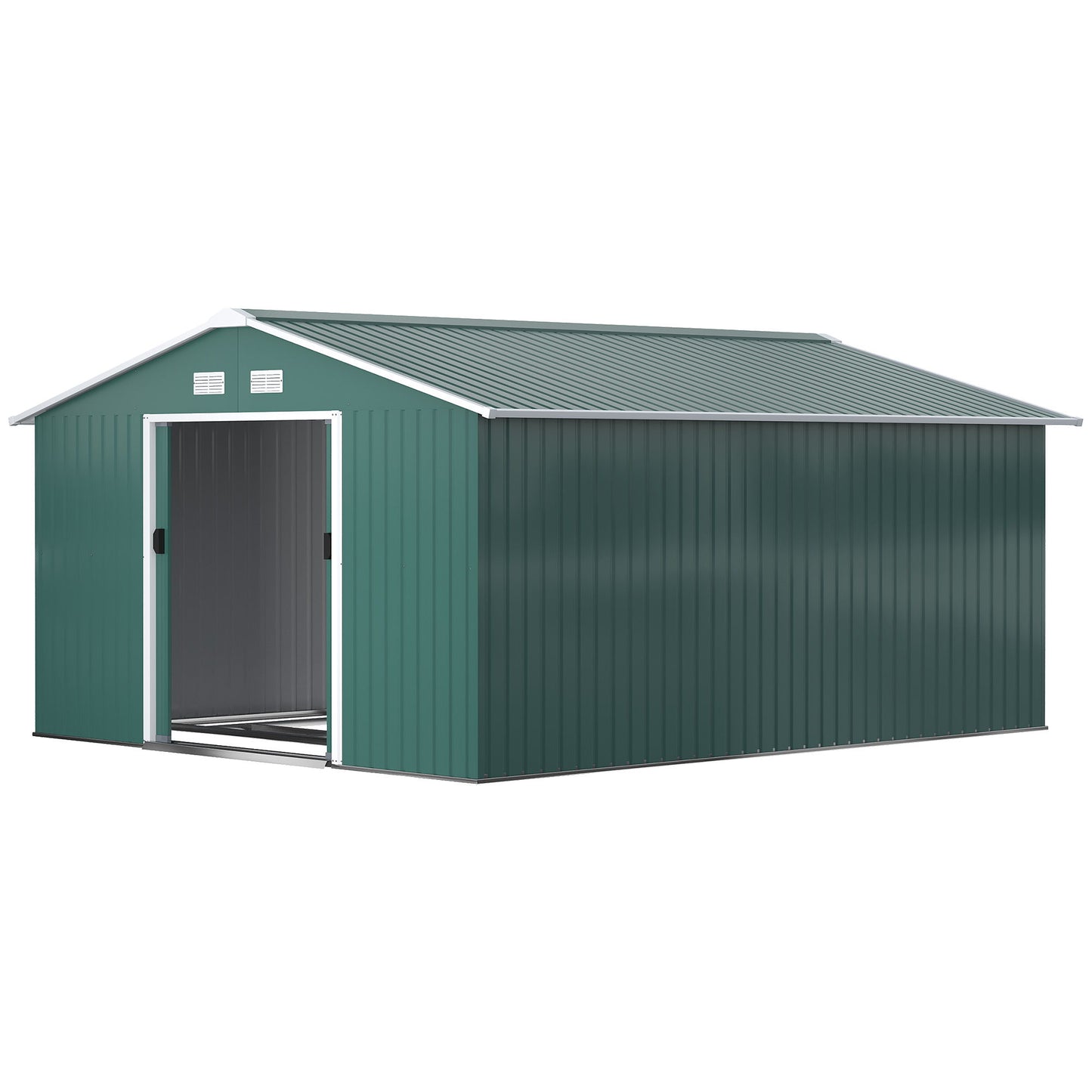 11' x 13' Practical Backyard Garden Storage Tool Shed with Double Sliding Door Garden Tool Shed with 4 Ventilation Slots, Green