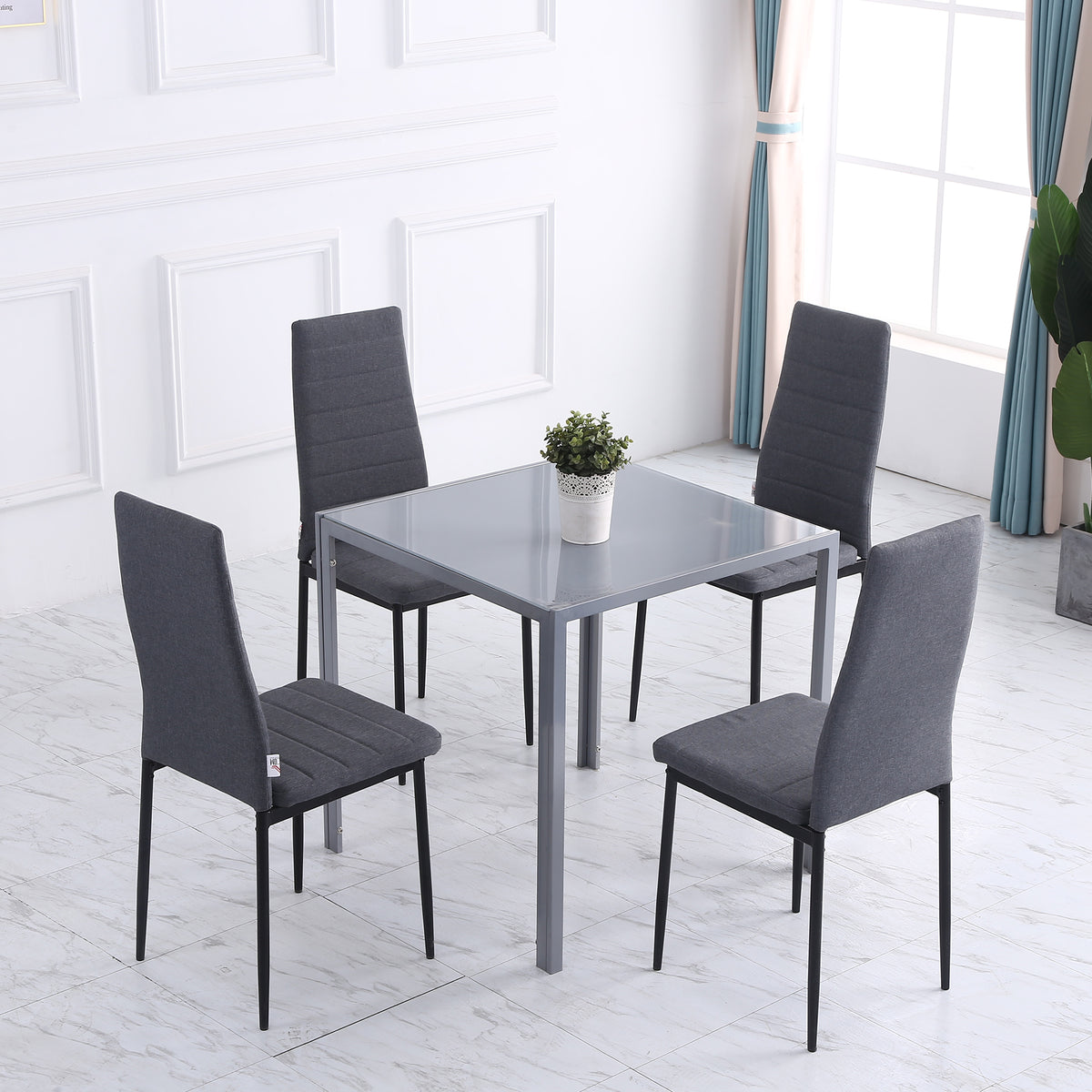 Modern Dining Chairs Set of 4, Upholstered Linen Fabric Kitchen Chairs with Channel Tufting and Metal Legs for Living Room, Dining Room, Bedroom, Grey