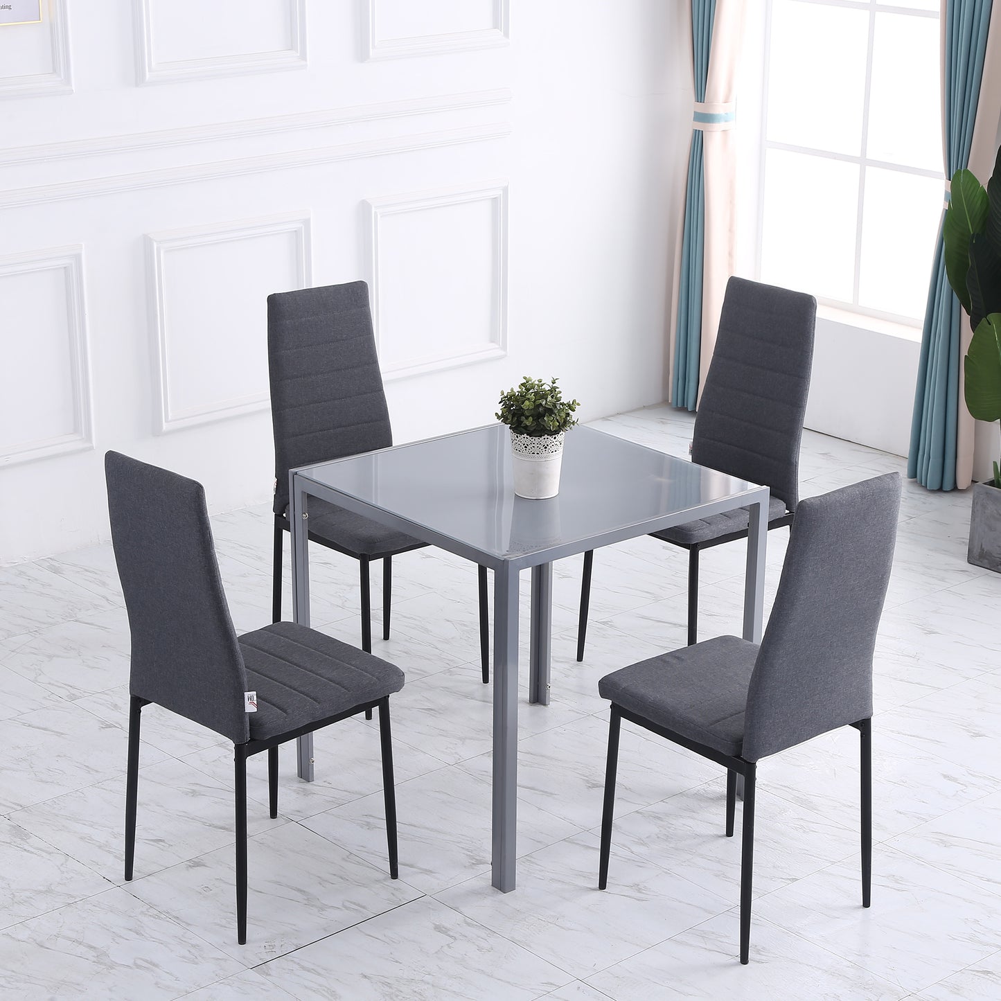 Modern Dining Chairs Set of 4, Upholstered Linen Fabric Kitchen Chairs with Channel Tufting and Metal Legs for Living Room, Dining Room, Bedroom, Grey