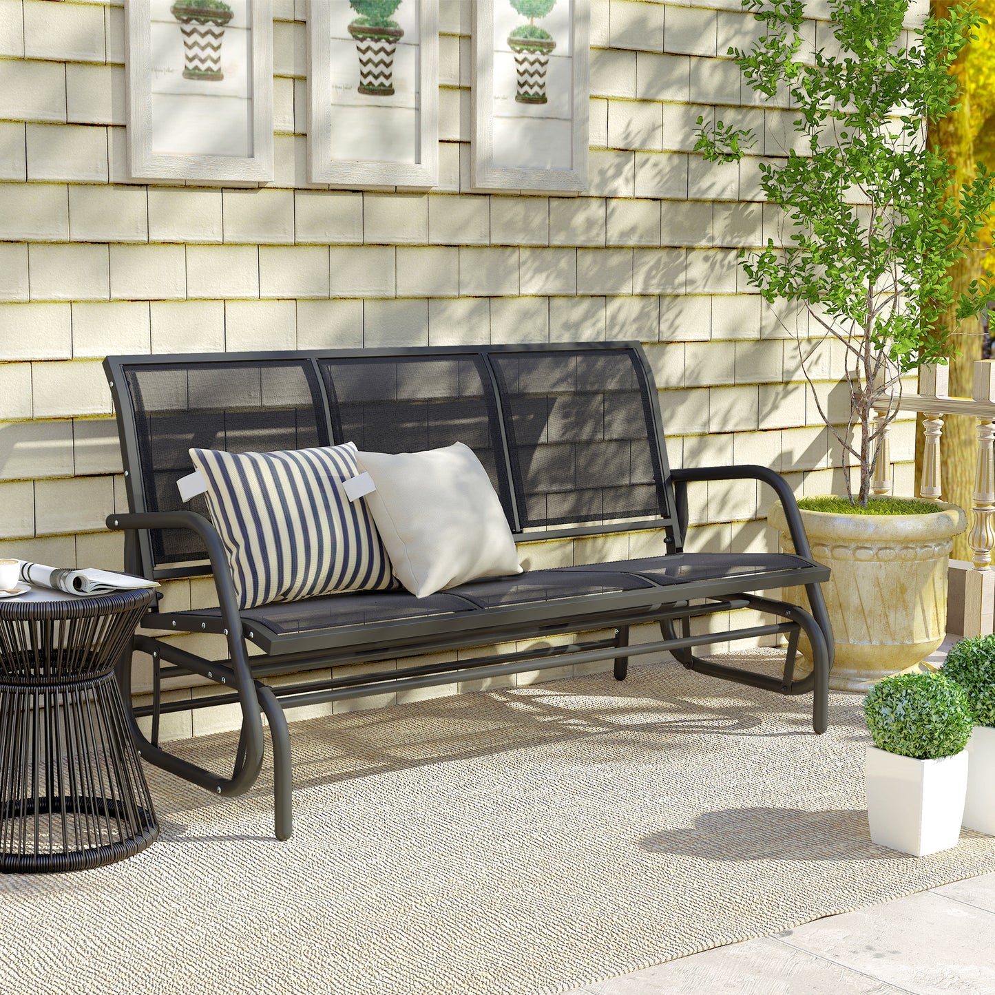 3-Seat Outdoor Glider Chair, Patio Rocking Chair, Steel Frame, Sling Fabric Seat for Garden, Backyard, Lawn, Black
