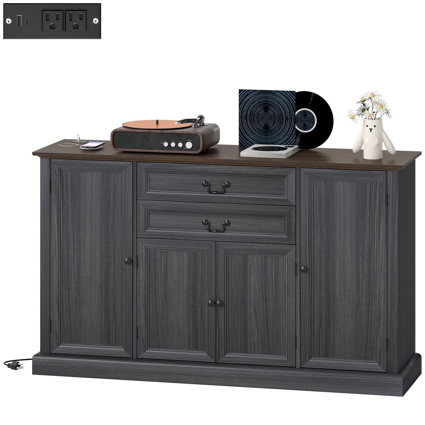 58" Farmhouse Sideboard with Charging Station - Black