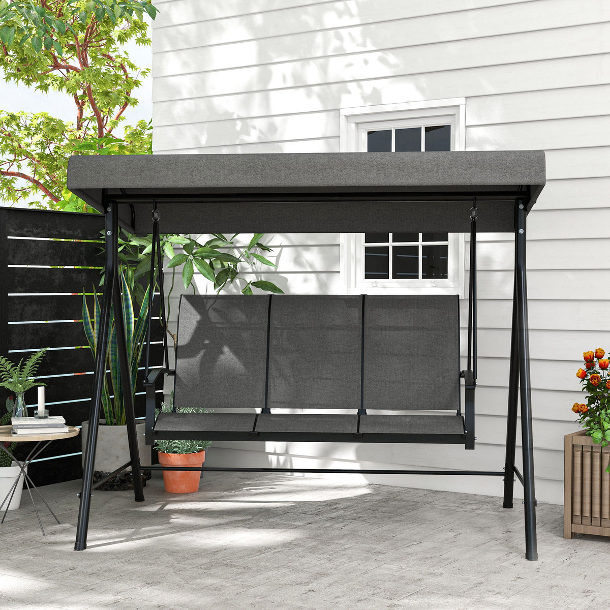 3 Seater Outdoor Swing Chair with Canopy, Metal Porch Swing Bench for Patio, Garden, Backyard, Lawn, Dark Grey