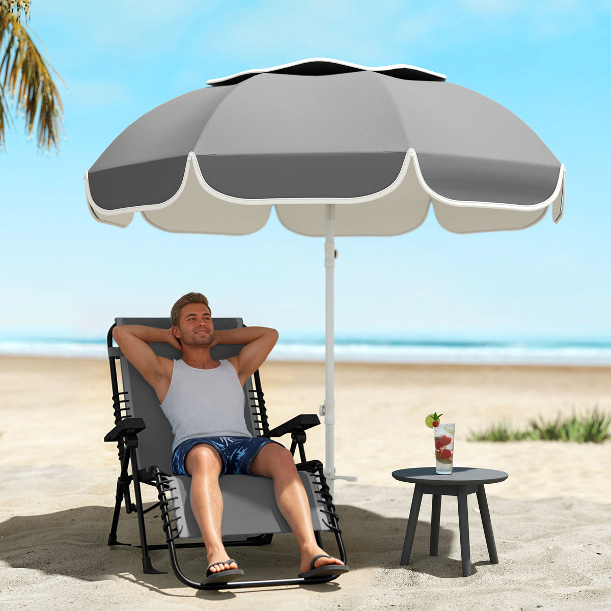 6 ft Beach Umbrella Portable with Sand Anchor, Carry Bag, Adjustable Height & Tilt, UPF50+ UV Protection, Grey
