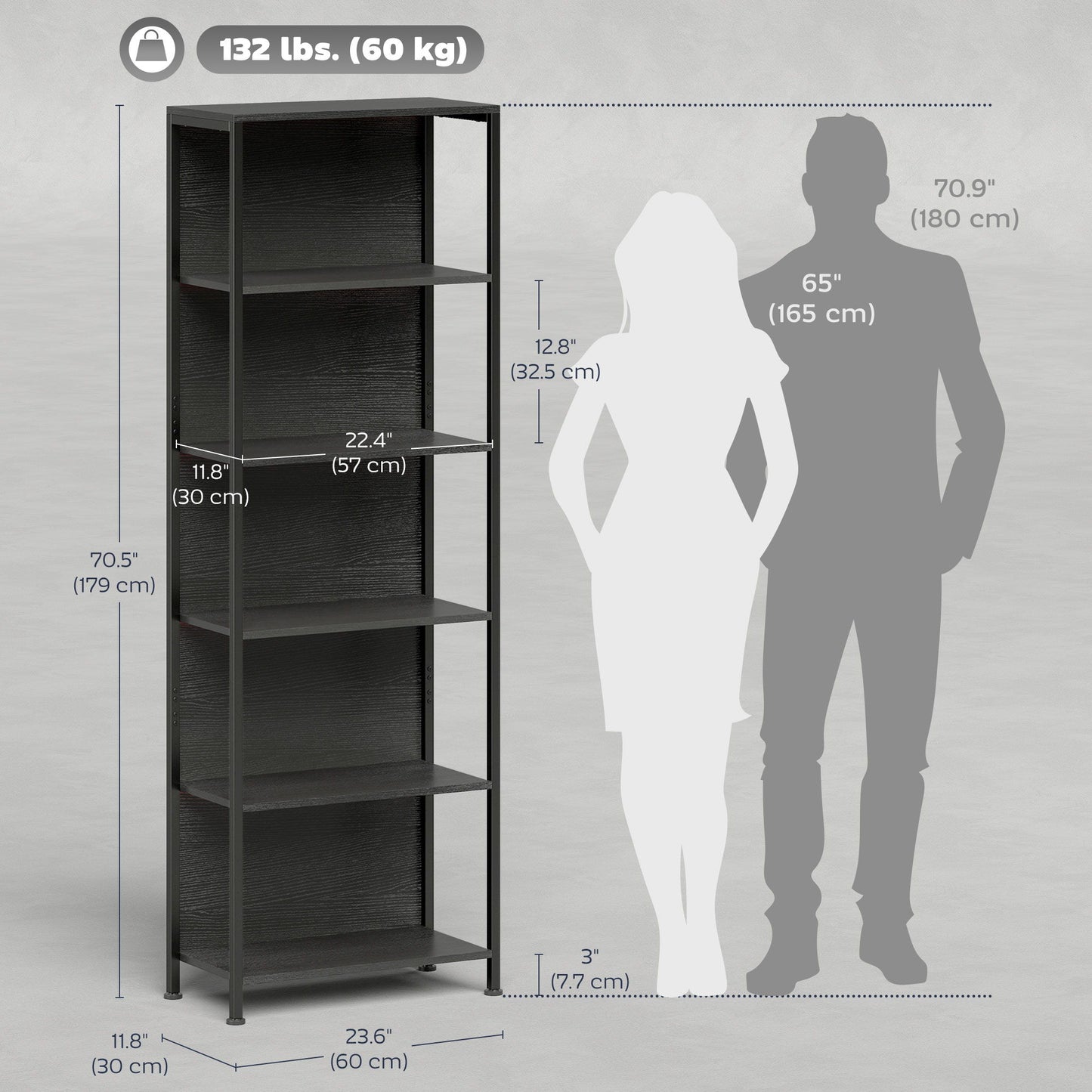 5-Tier Bookshelf, Freestanding Bookcase with LED Lights and Metal Frame for Living Room, Bedroom, Home Office, Black