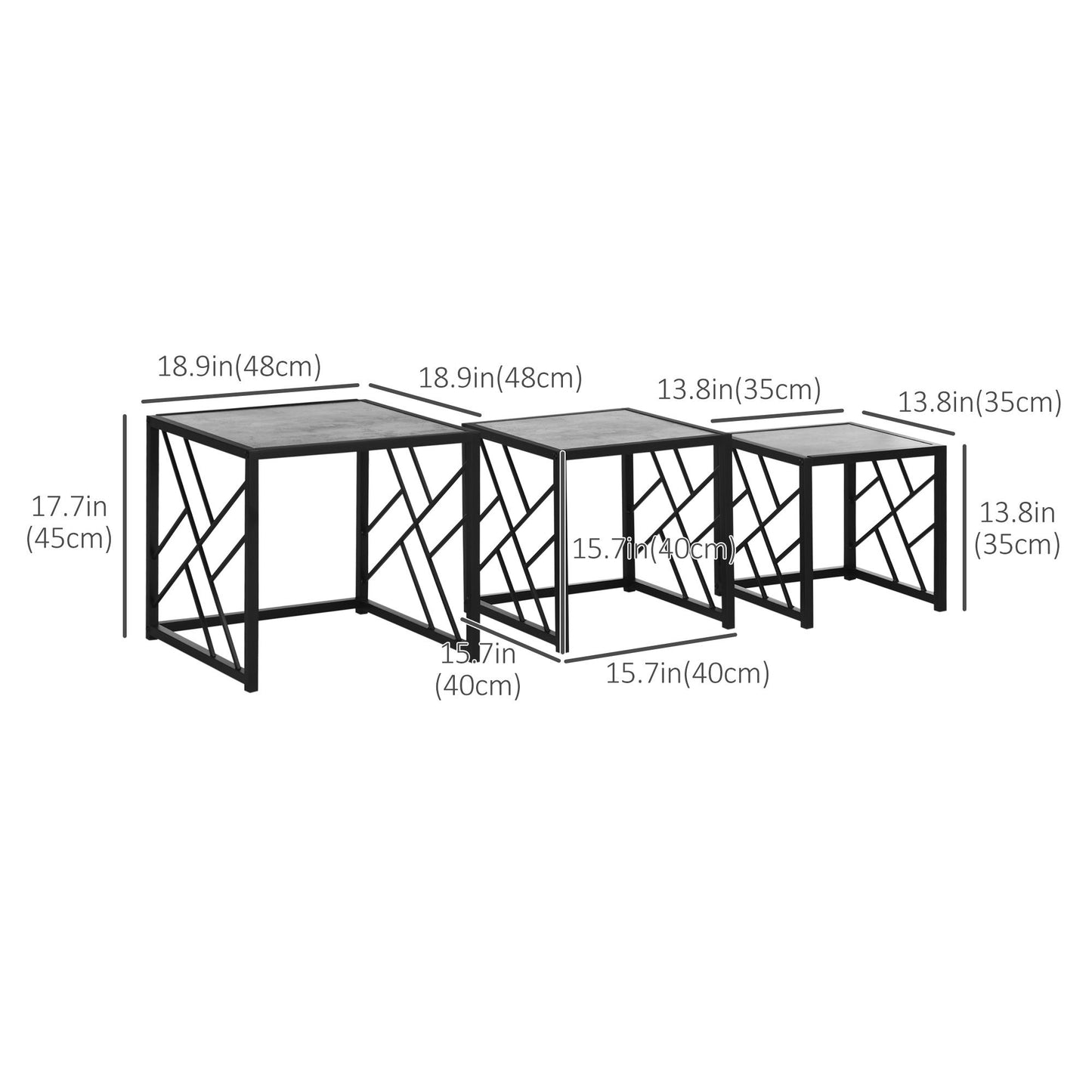 Nest of Tables Set of 3, Square Coffee Table Set with Metal Frame for Living Room, Bedroom, Grey