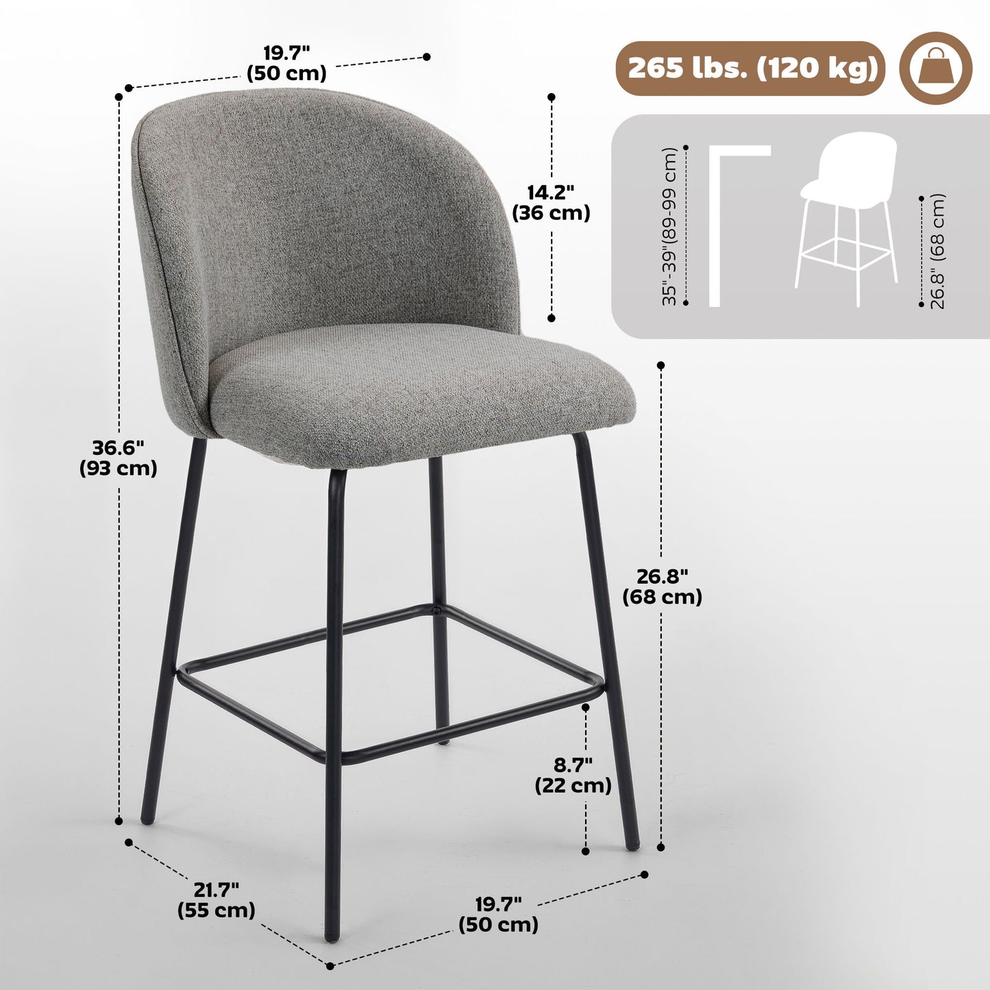 Set of 2 Counter Height Barstools, Upholstered Linen Bar Stools with Backrest, Footrest and Steel Legs, Dark Grey