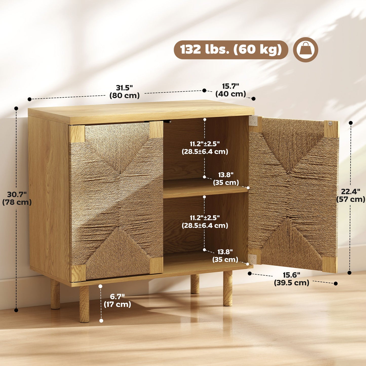 Handwoven Rope Accent Cabinet Boho Sideboard Buffet Cabinet with Push to Open Doors Adjustable Shelf Pine Wood Legs Oak