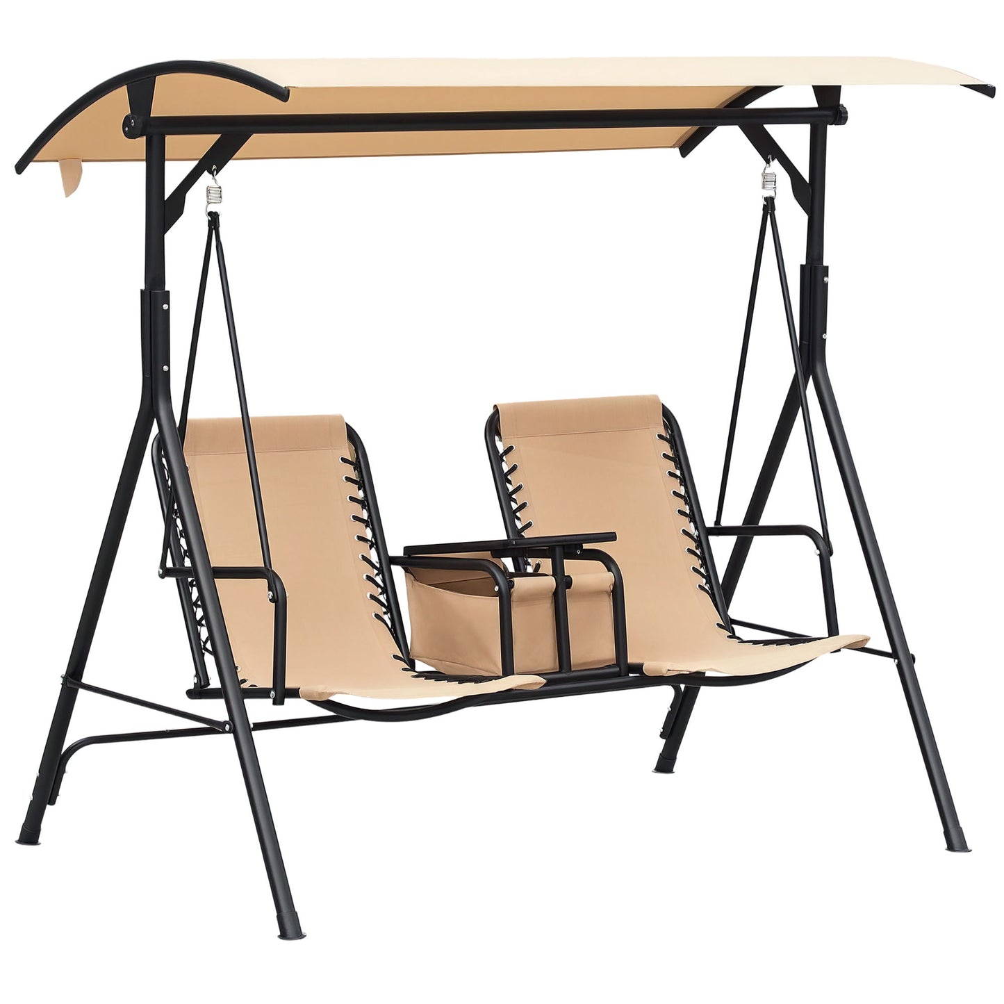 2 Person Covered Porch Swing Patio Swing with Pivot Storage Table, Cup Holder, & Adjustable Overhead Canopy, Beige