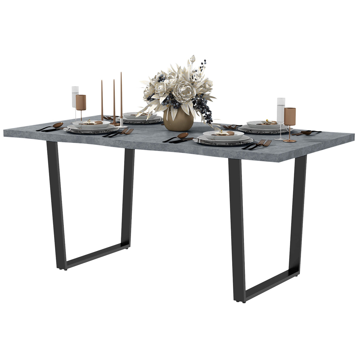 63" Kitchen Table, Industrial Dining Table with Wave-edged Tabletop and Steel Legs for Up to 6 People, Cement Grey