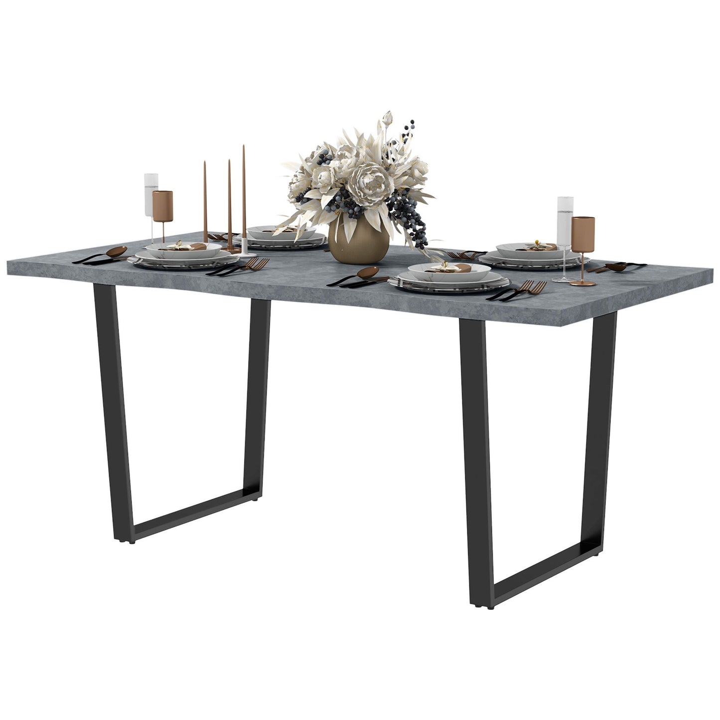 63" Kitchen Table, Industrial Dining Table with Wave-edged Tabletop and Steel Legs for Up to 6 People, Cement Grey